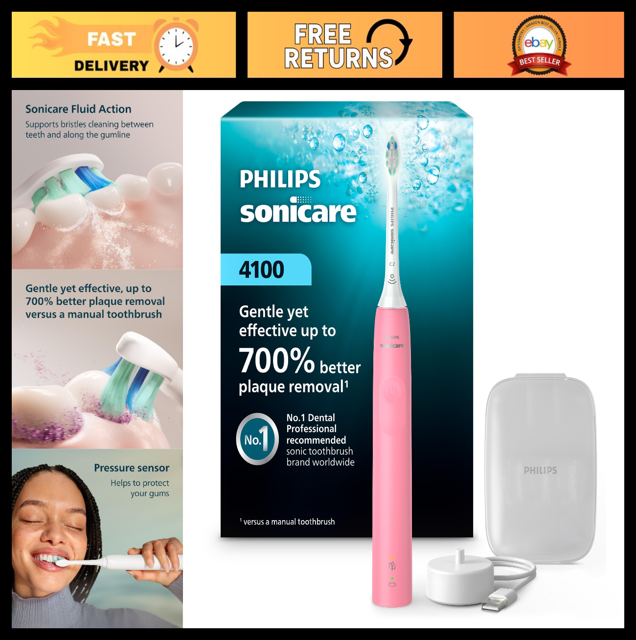 Rechargeable Electric Toothbrush, Deep Pink   700% Plaque Removal, Pressure Sens0