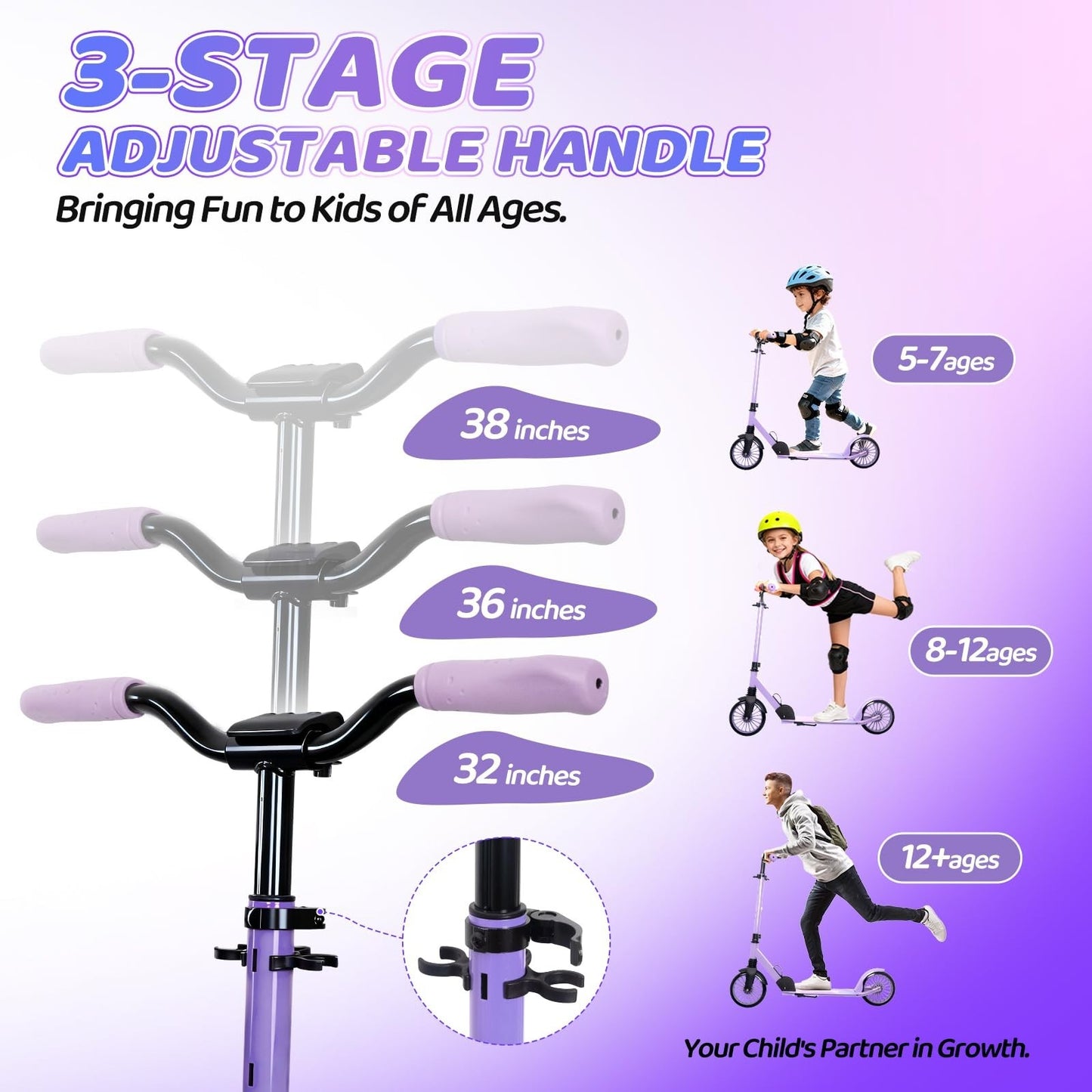 Adjustable Height Kick Scooter for Kids & Adults, 240 LBS Max Load, Foldable, 8"3