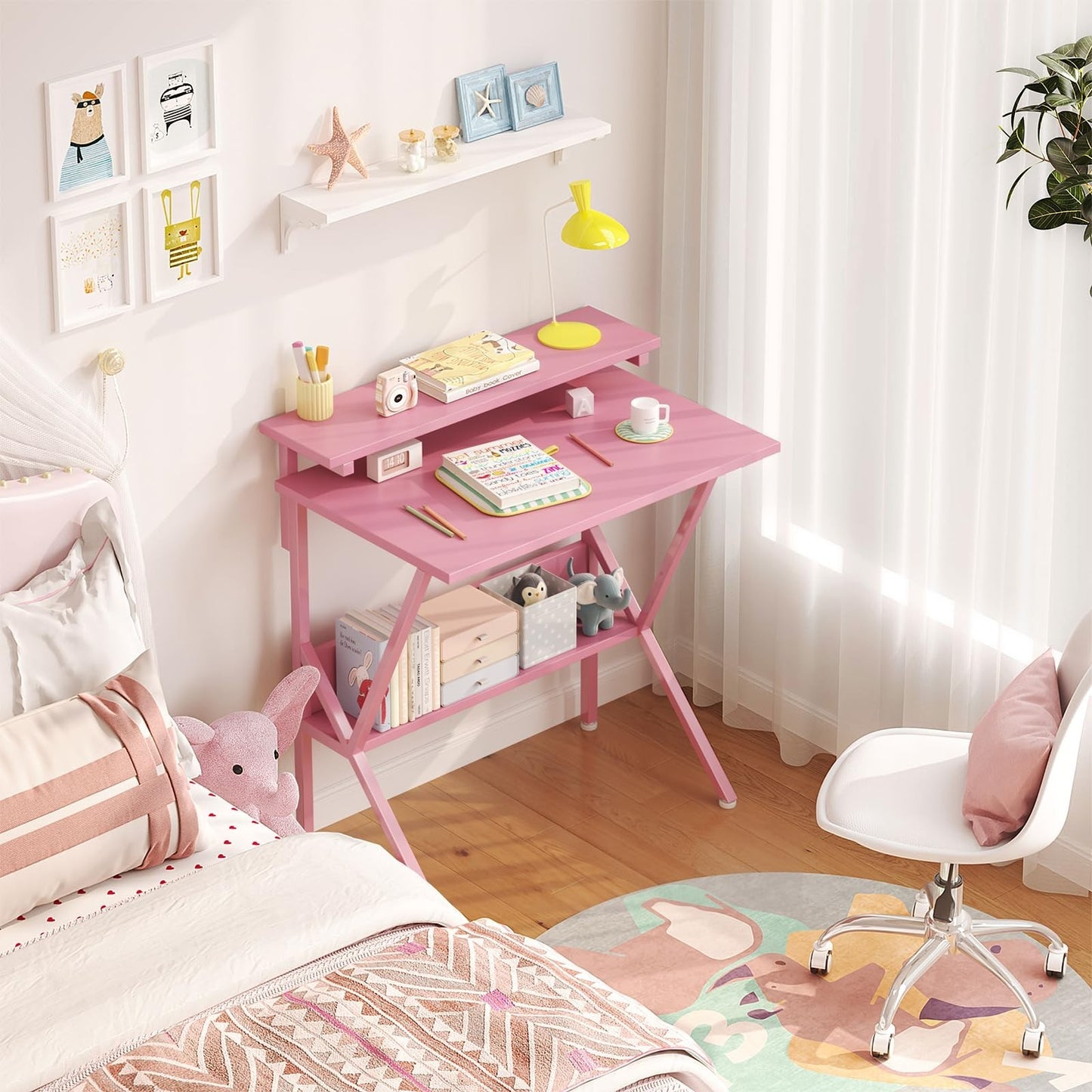Compact 27.5" Computer Desk with Adjustable Monitor Stand & Storage - Pink Study2