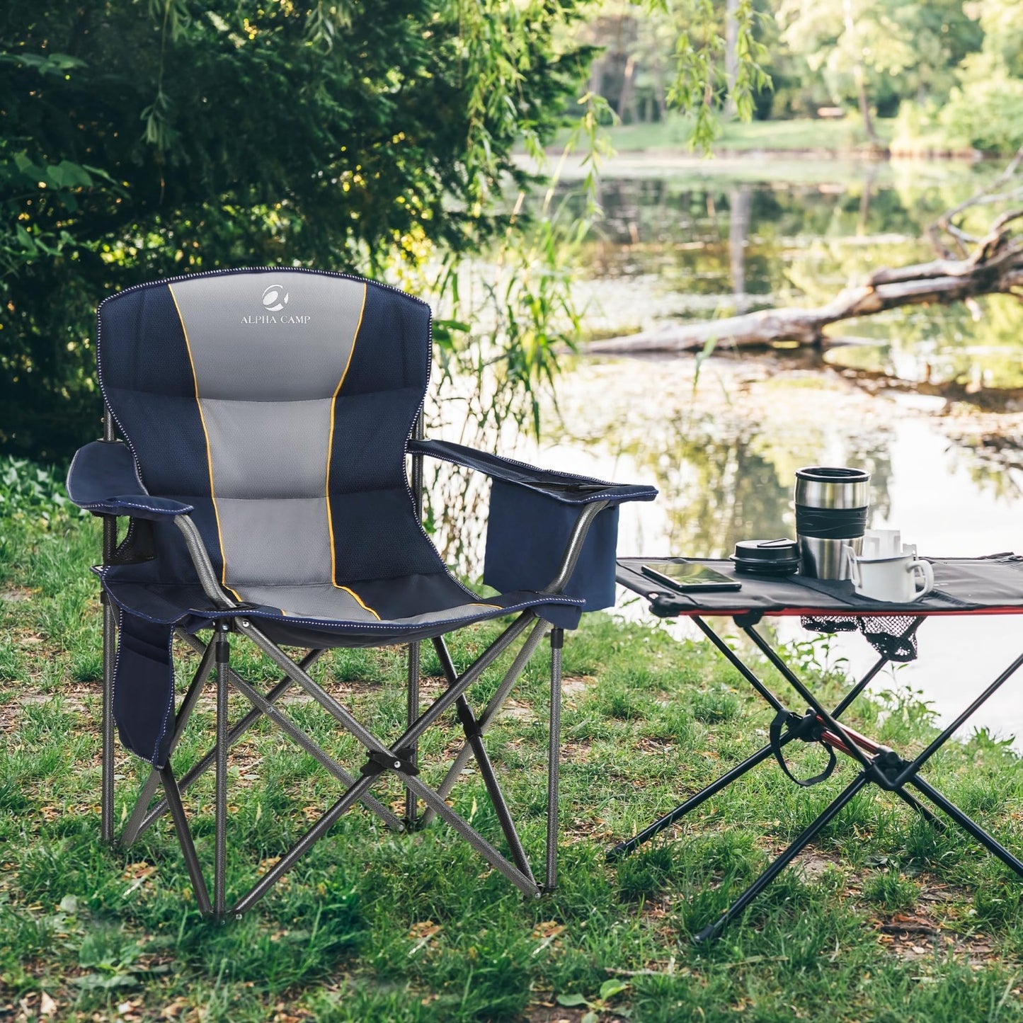 Oversized Heavy Duty Folding Camping Chair - Padded, Cup Holder & Cooler Bag, 452