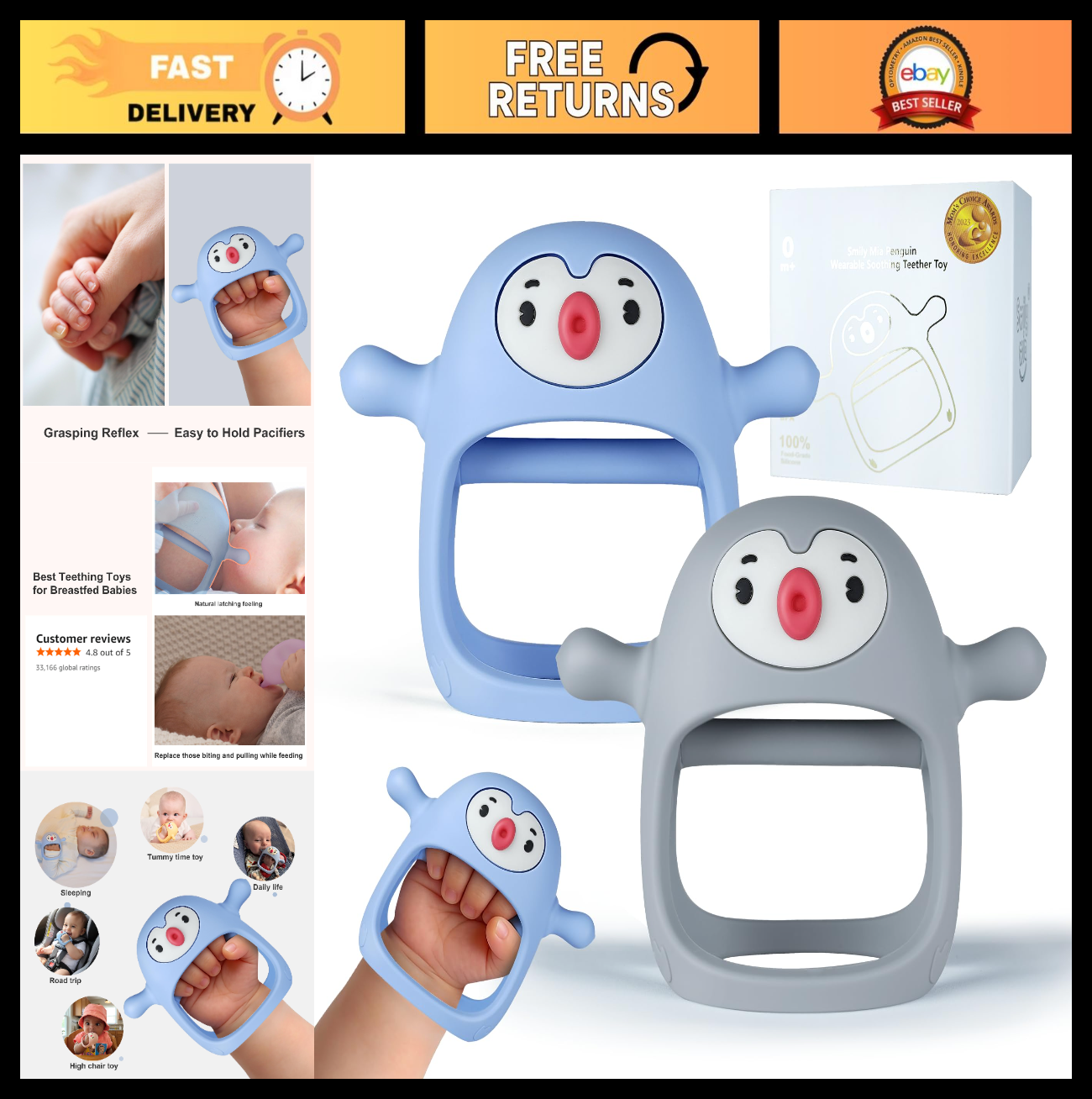 Baby Teething Toys 0 6 Months | Penguin Teether & Mittens Set | Teething Relief0