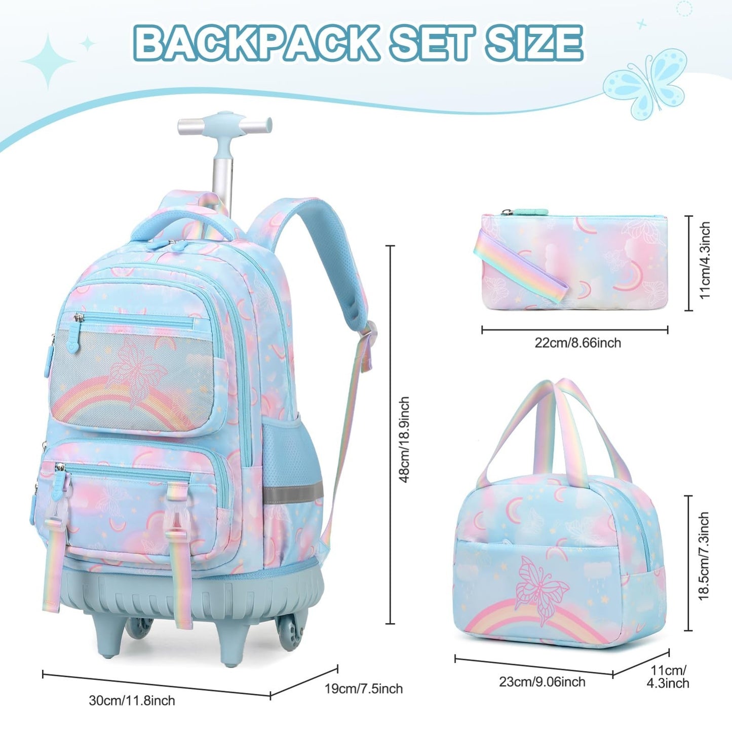 3PCS Girls Rainbow Butterfly Rolling Backpack Set with Lunch Box   Blue2