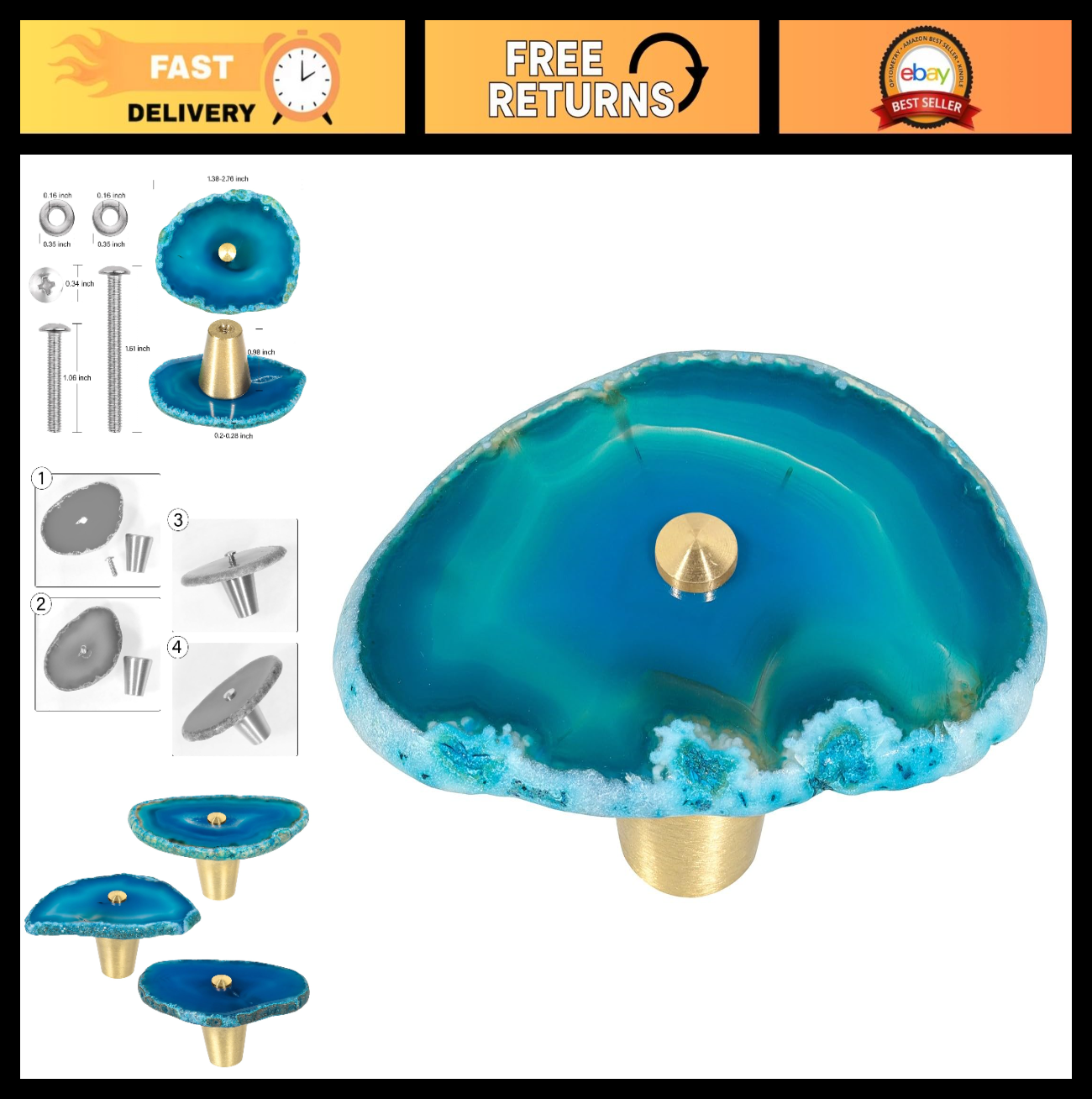 Set of 4 Irregular Agate Slice Cabinet Knobs | Blue Geode Pull Handles for Home0