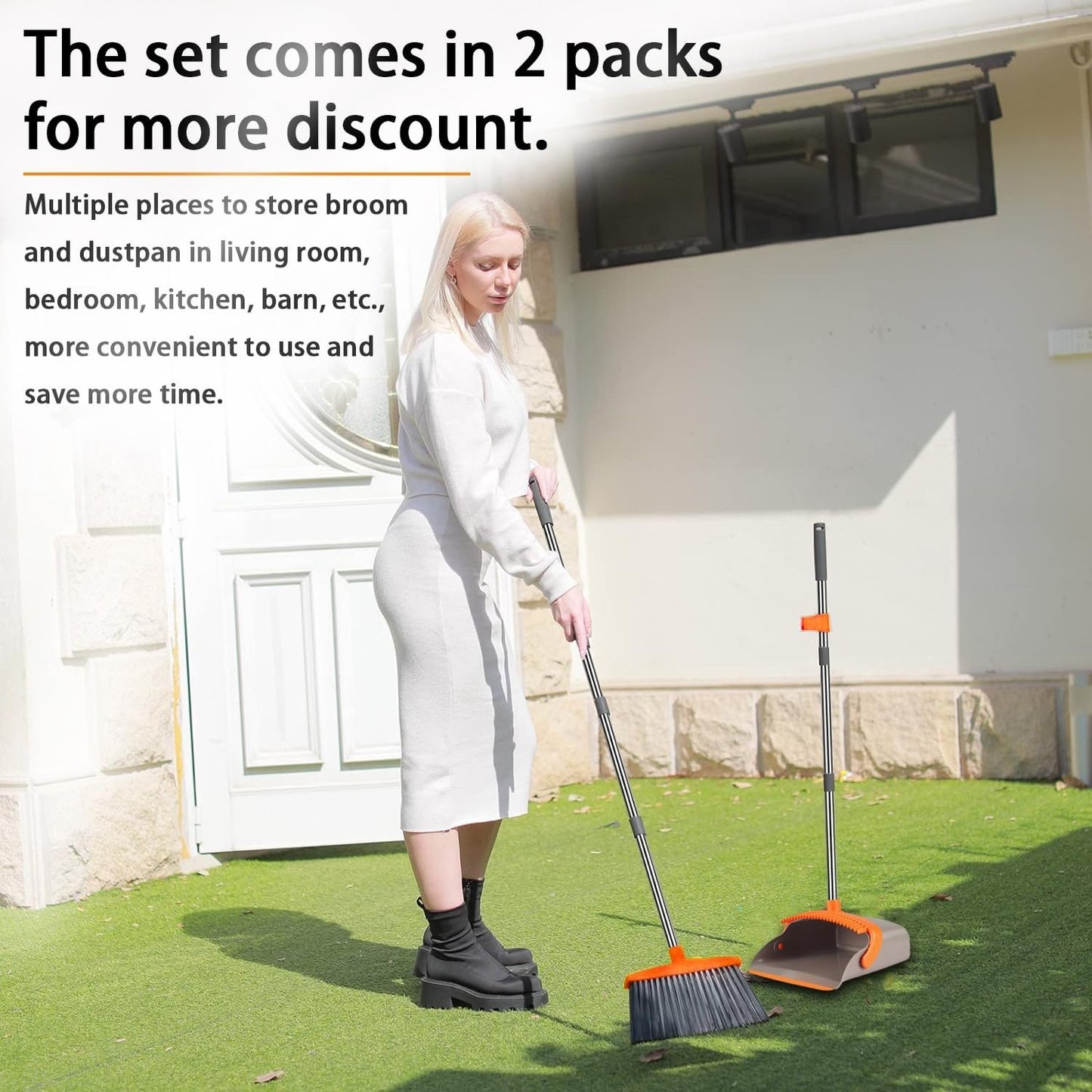 Upgraded 2-Pack Broom & Dustpan Set, 52" Long Handle, Self-Cleaning Teeth, Indoo6