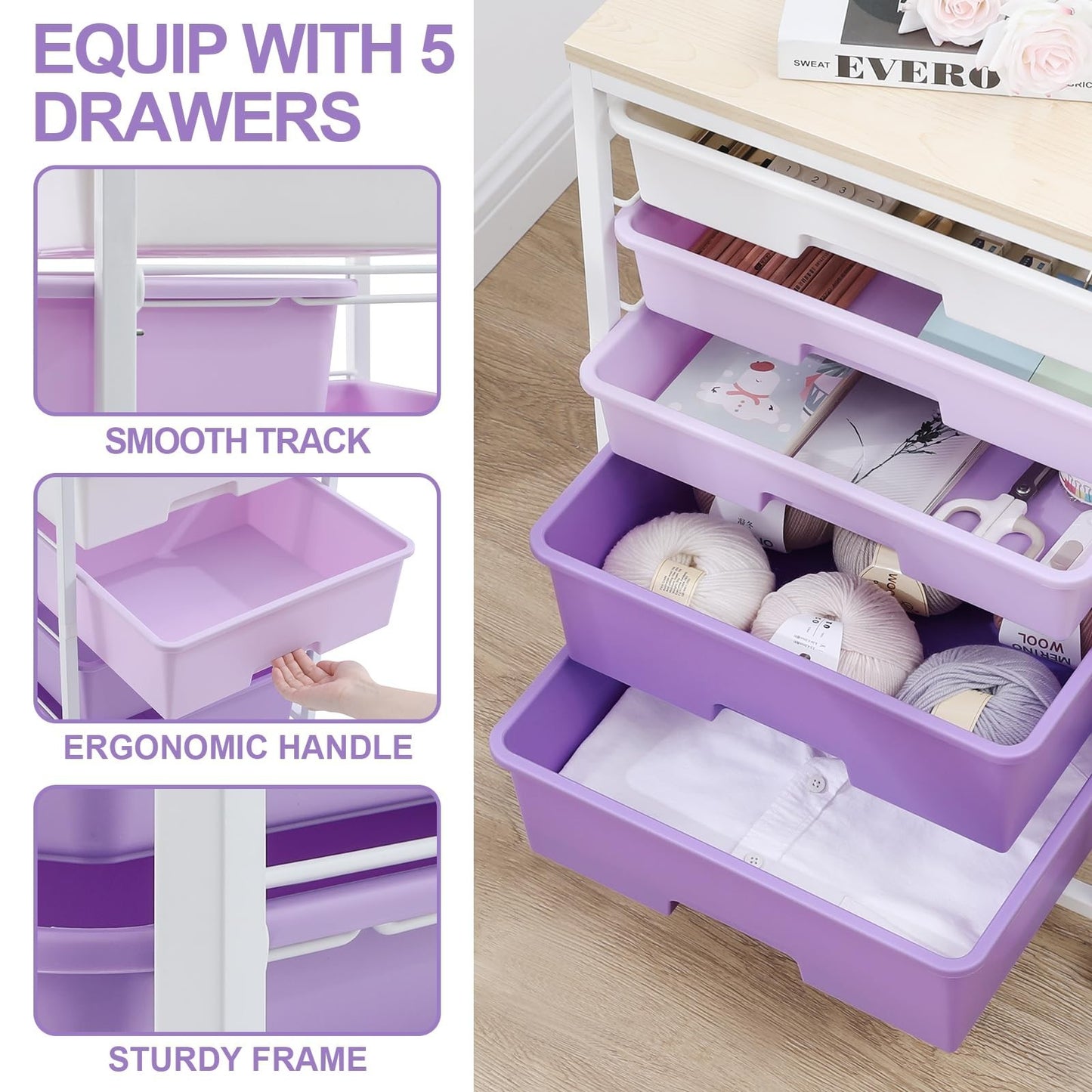 5 Drawer Utility Cart with Wooden Top & Lockable Wheels   Rolling Craft Trolley,3