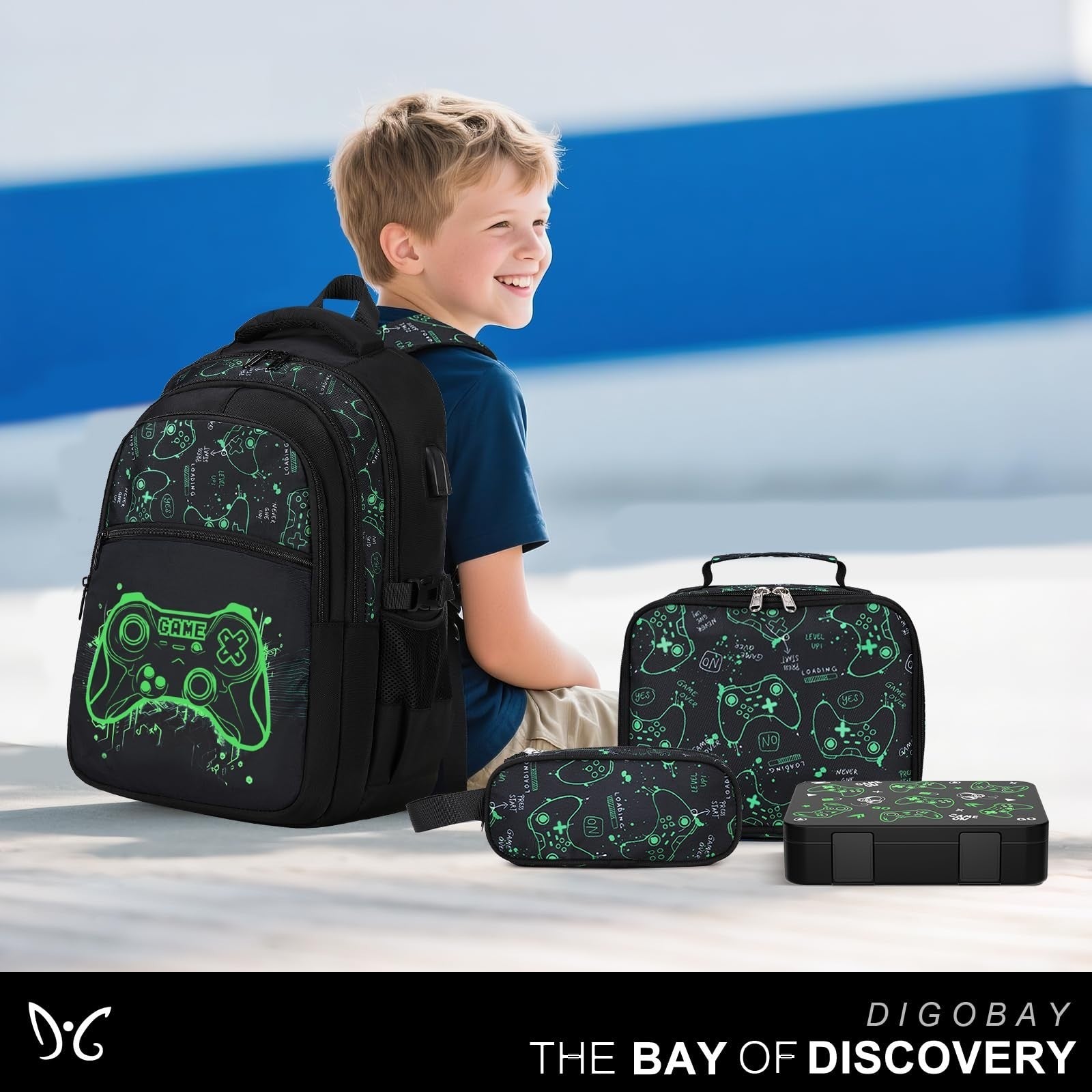 Cool Luminous Boys Backpack Set   6PCS Gamer Bag, Lunch Box & Pencil Case for Sc7