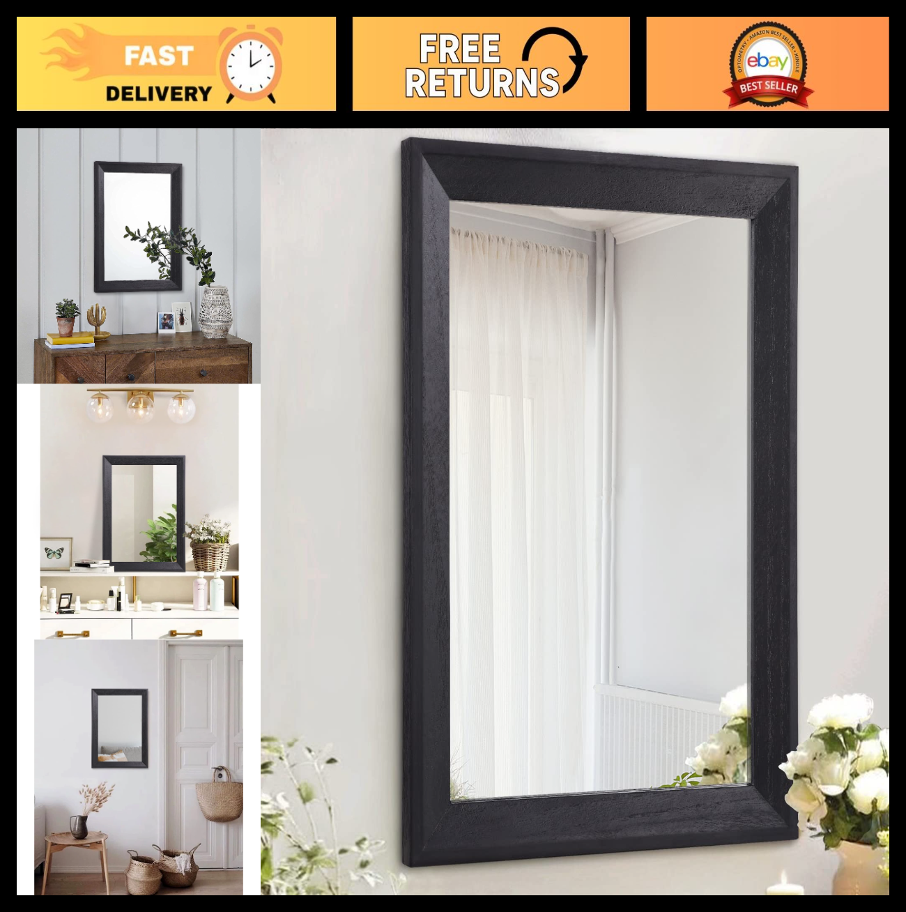 Black Wood Framed Rectangle Wall Mirror - Decorative Hanging Mirror for Bedroom,0