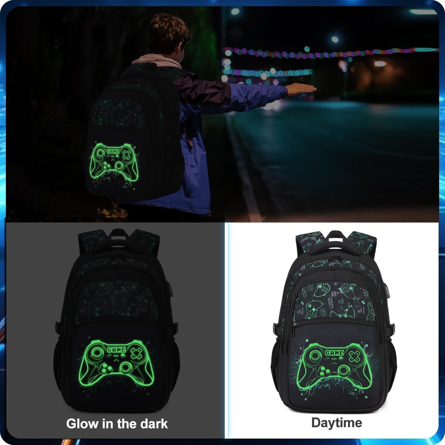 Luminous Gamer Backpack Set for Boys   6PCs with Insulated Water Bottle, Lunch B7