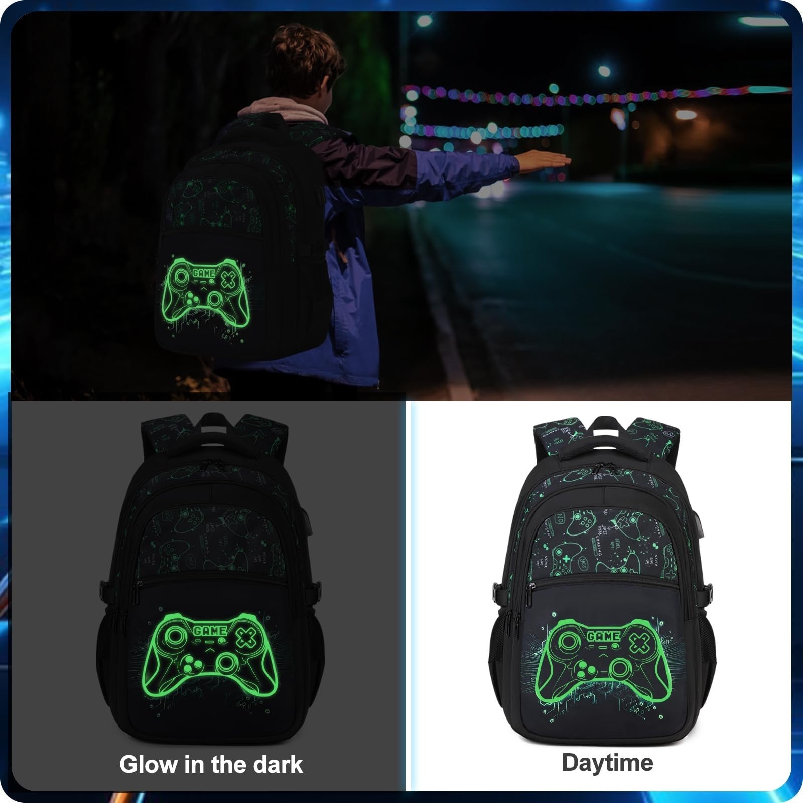 Luminous Gamer Backpack Set for Boys   6PCs with Insulated Water Bottle, Lunch B7