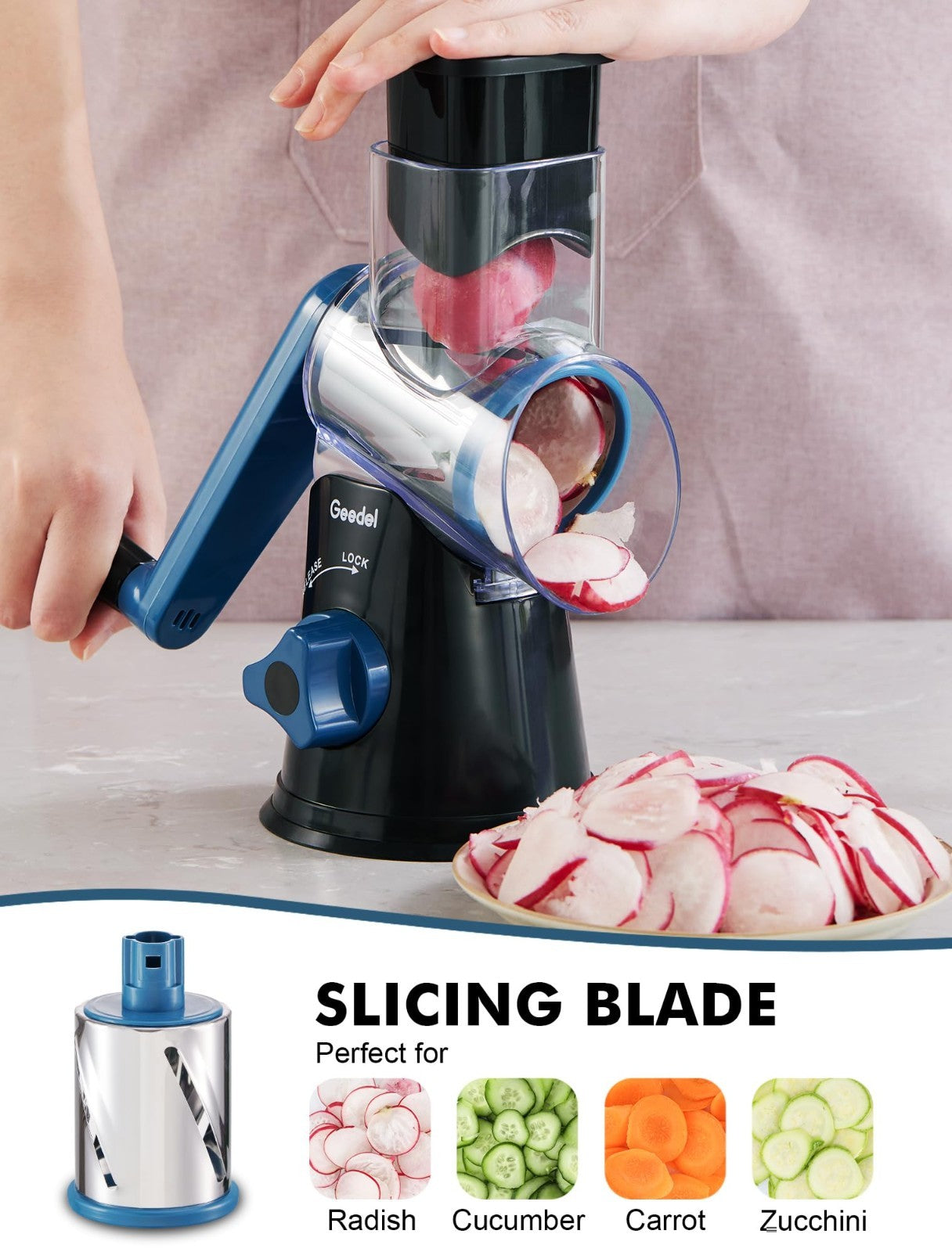 Rotary Cheese Grater & Vegetable Slicer   3 Blades, Easy Clean, Suction Base, BP4