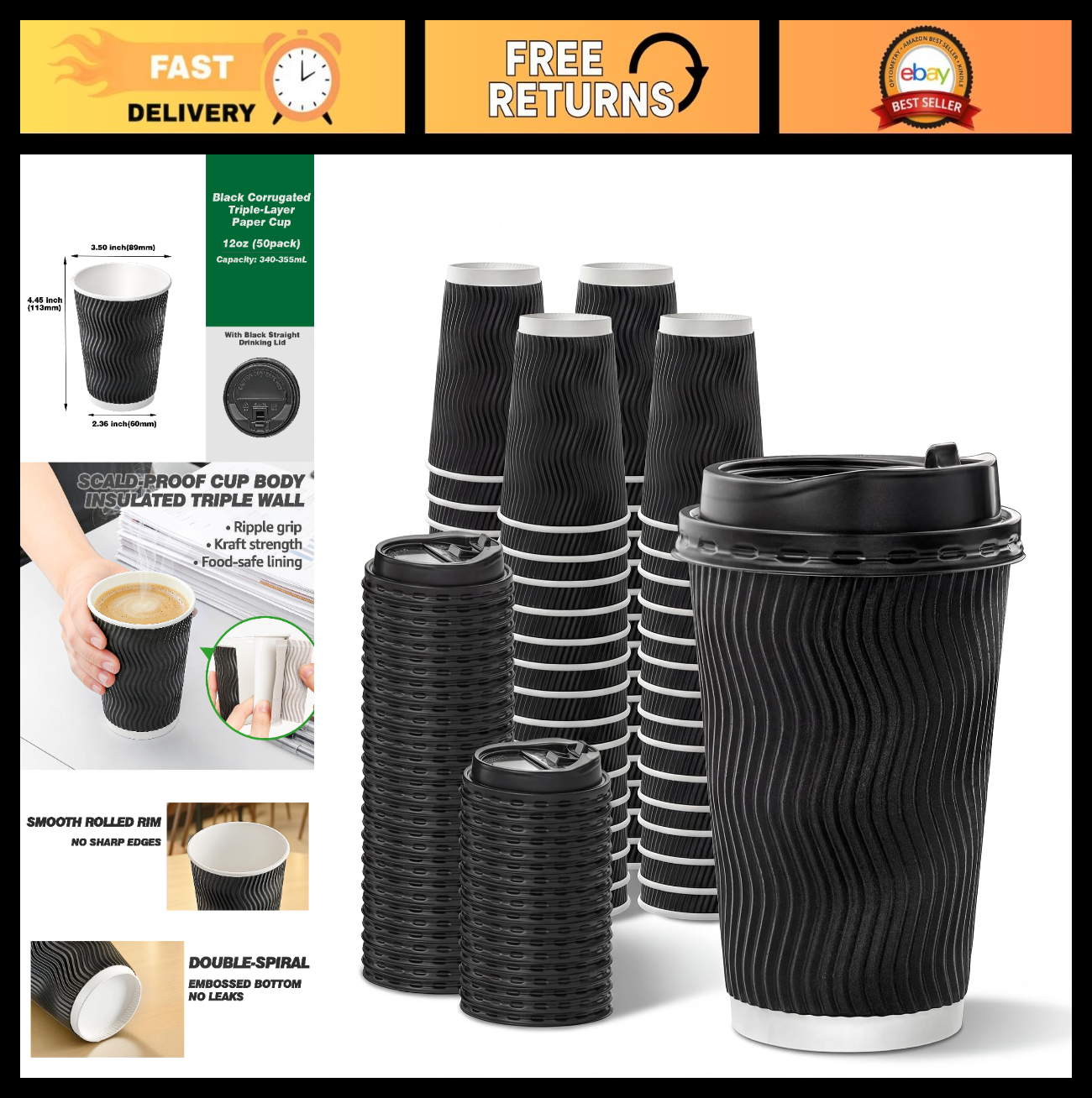 12oz Disposable Coffee Cups with Lids - 50 Pack Insulated Ripple Wall Paper for0