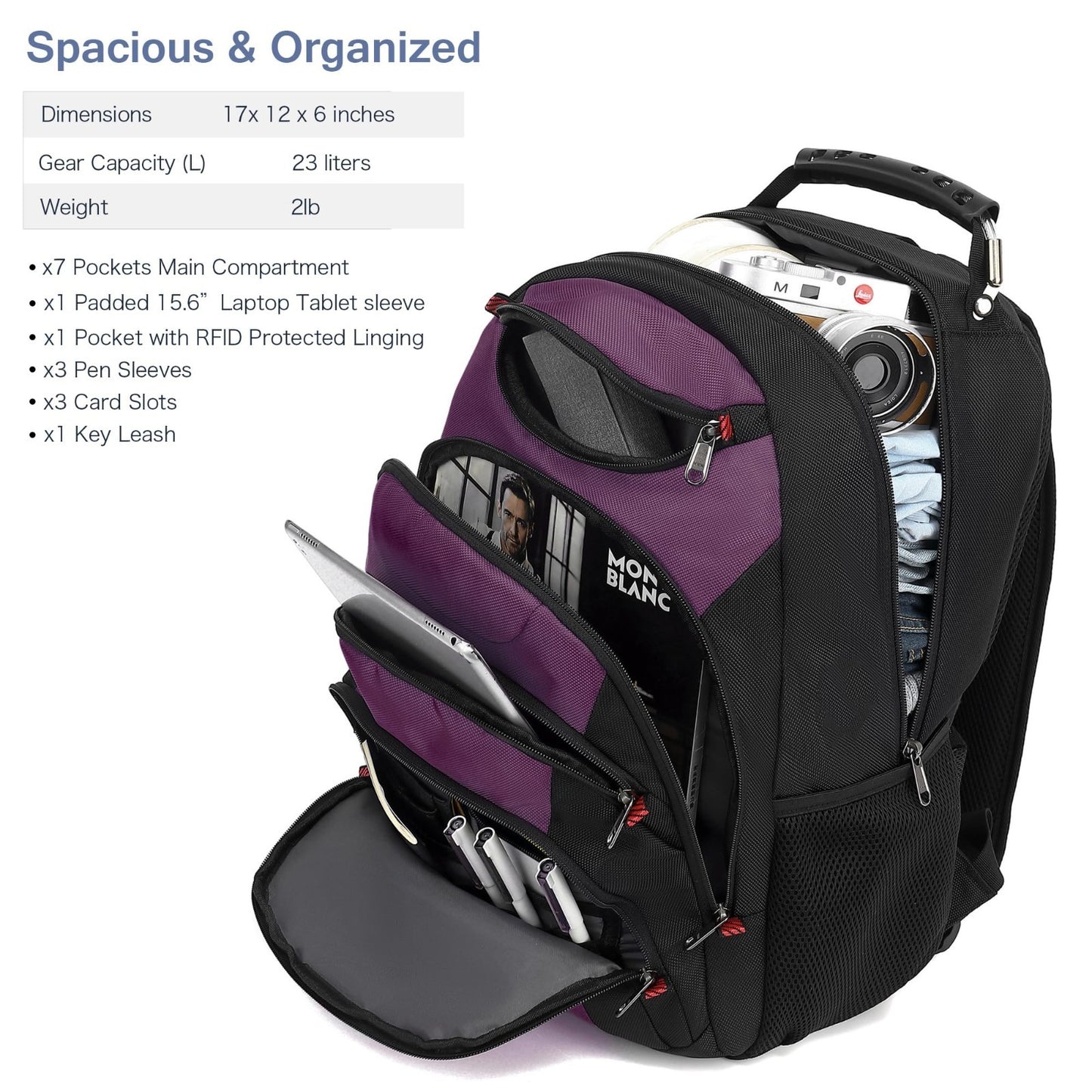 15.6" Waterproof Laptop Backpack with USB Port, Anti Theft Travel Bag, Purple/Bl2