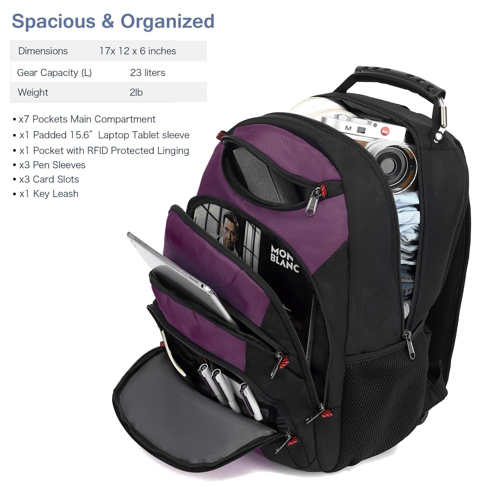 15.6" Waterproof Laptop Backpack with USB Port, Anti Theft Travel Bag, Purple/Bl2