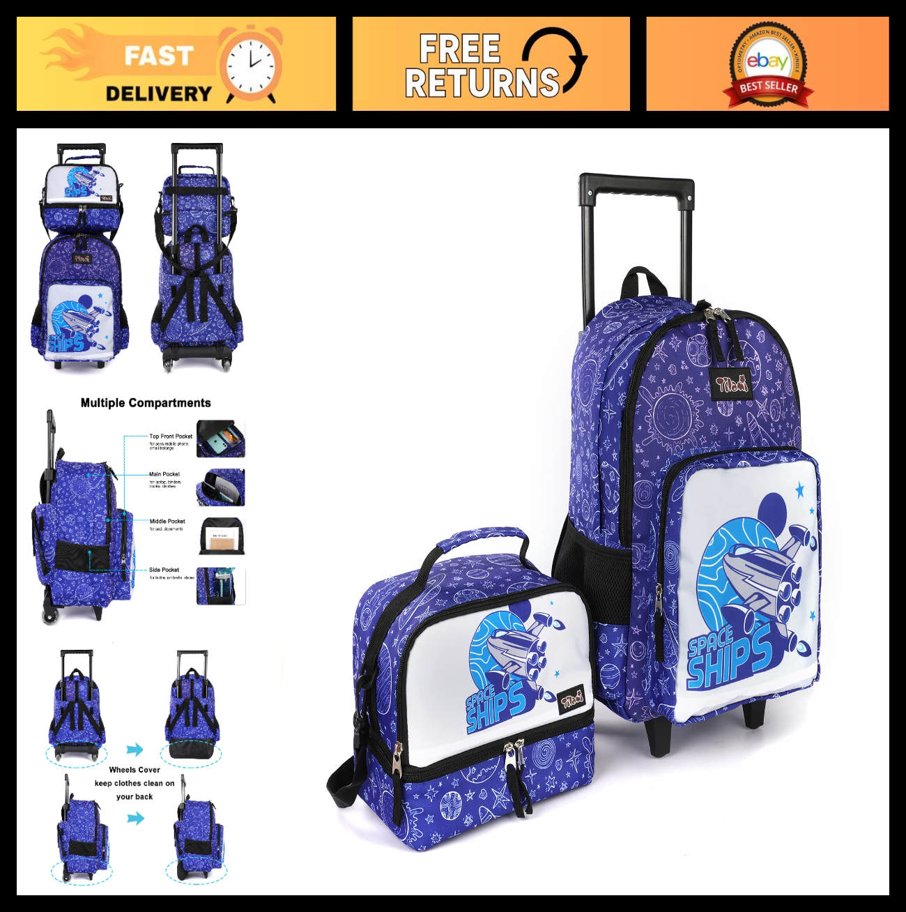 Wheeled Kids Backpack 18" with Lunch Bag, Double Handle, Spaceship Design0