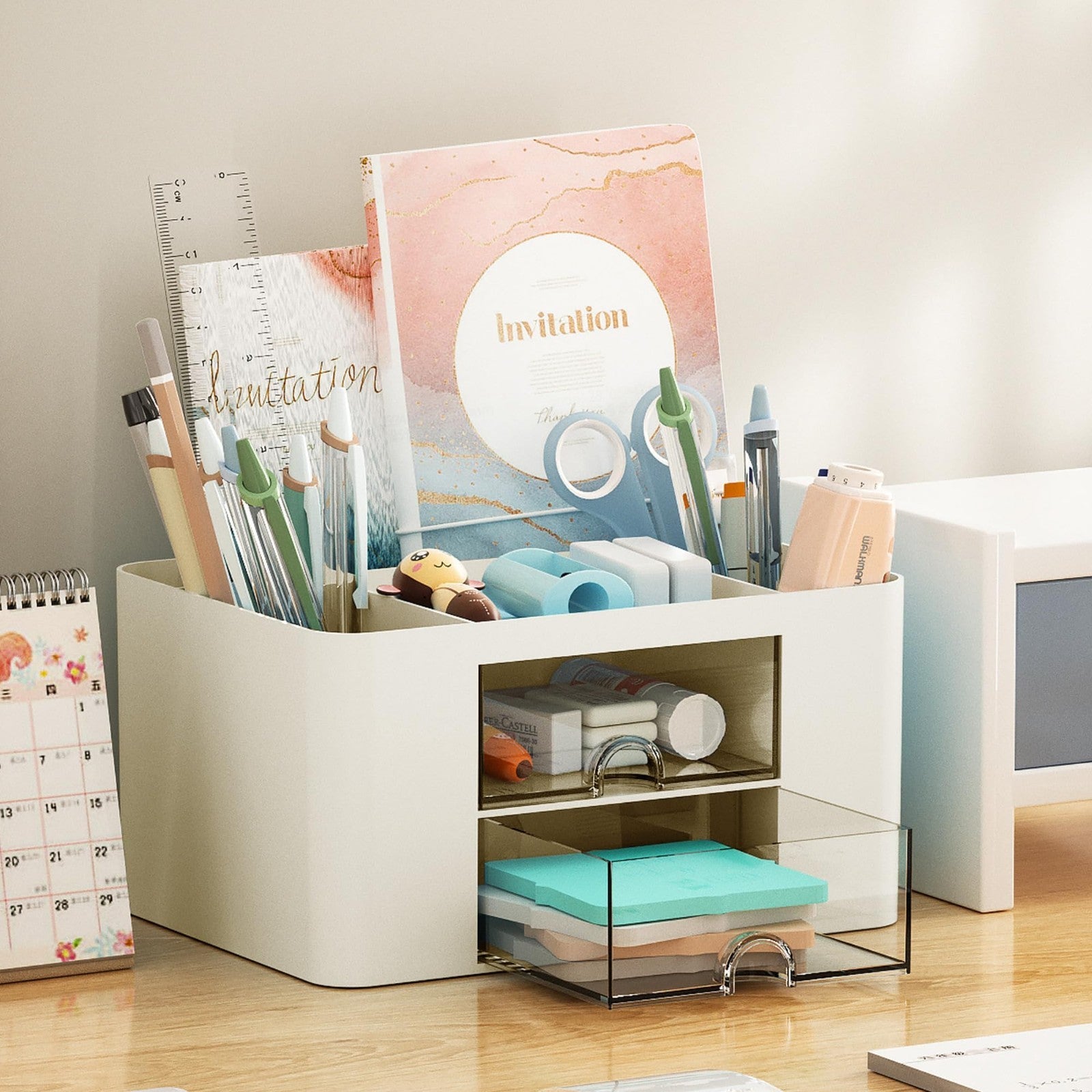 Multi Functional Desk Organizer with 2 Drawers, 5 Compartments for Office Suppli2