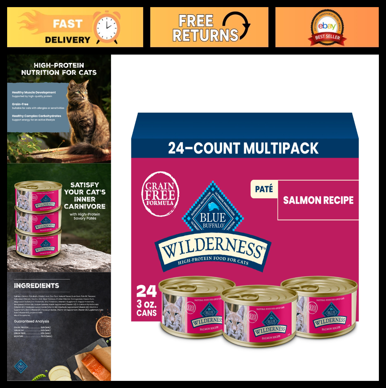 Grain Free Salmon Paté Wet Cat Food, 3 oz Cups, 24 Pack   High Protein, Natural0