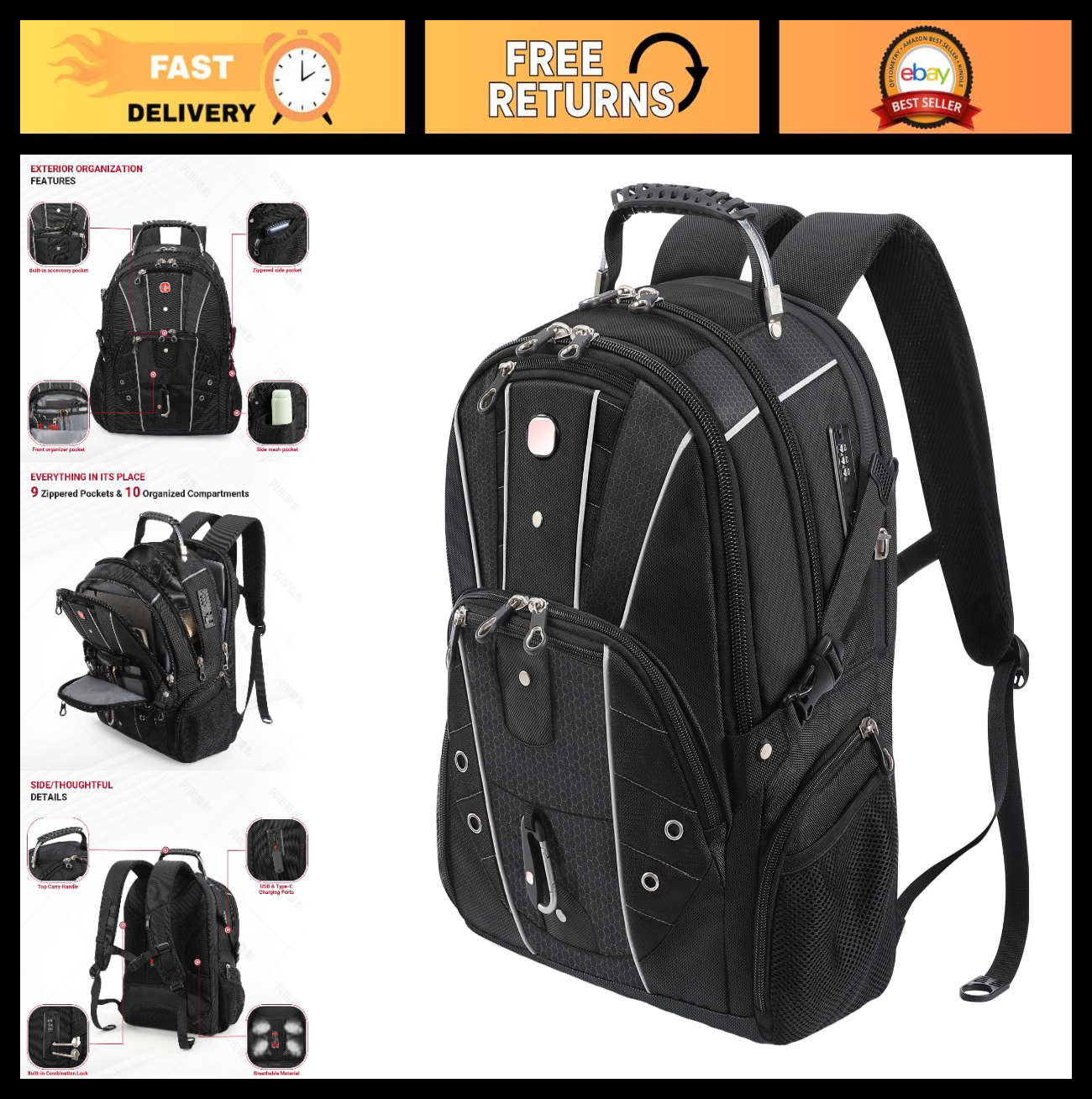 17" Laptop Backpack, USB C Charging, Anti Theft, Large Capacity, Multi Compartme0