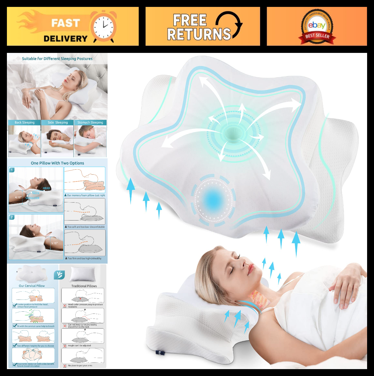 Cervical Pillow for Neck & Shoulder Pain Relief   Cooling Contour Memory Foam, E0