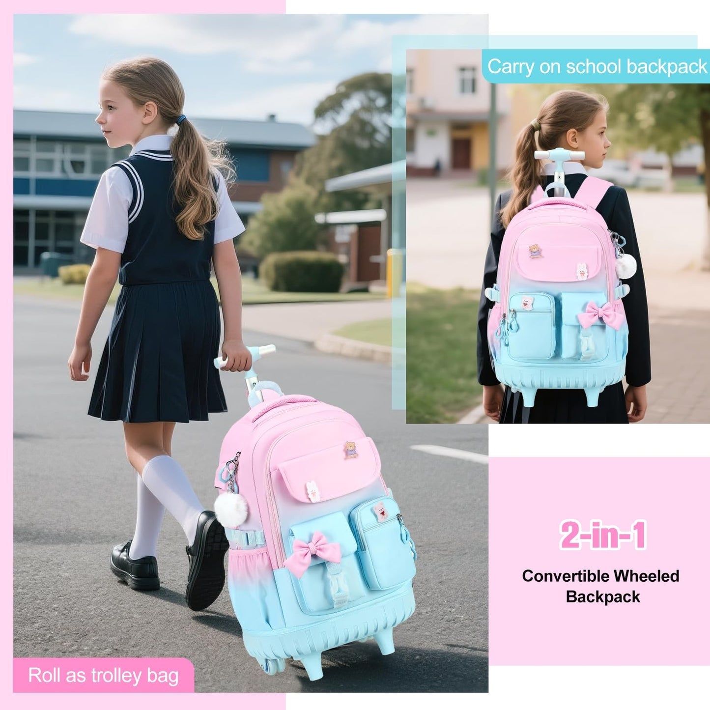 Rolling Backpack for Girls   Wheeled School Bag with Lunch Bag & Pencil Pouch, P6
