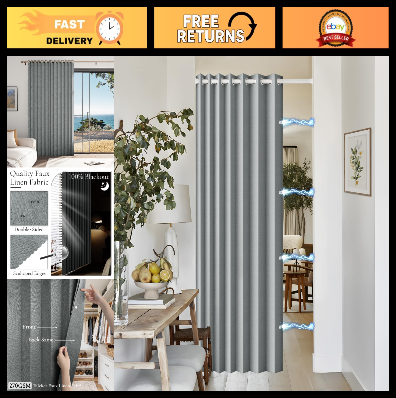 96" Grey Faux Linen Blackout Curtains, Pinch Pleated Drapes for Bedroom/Living R0