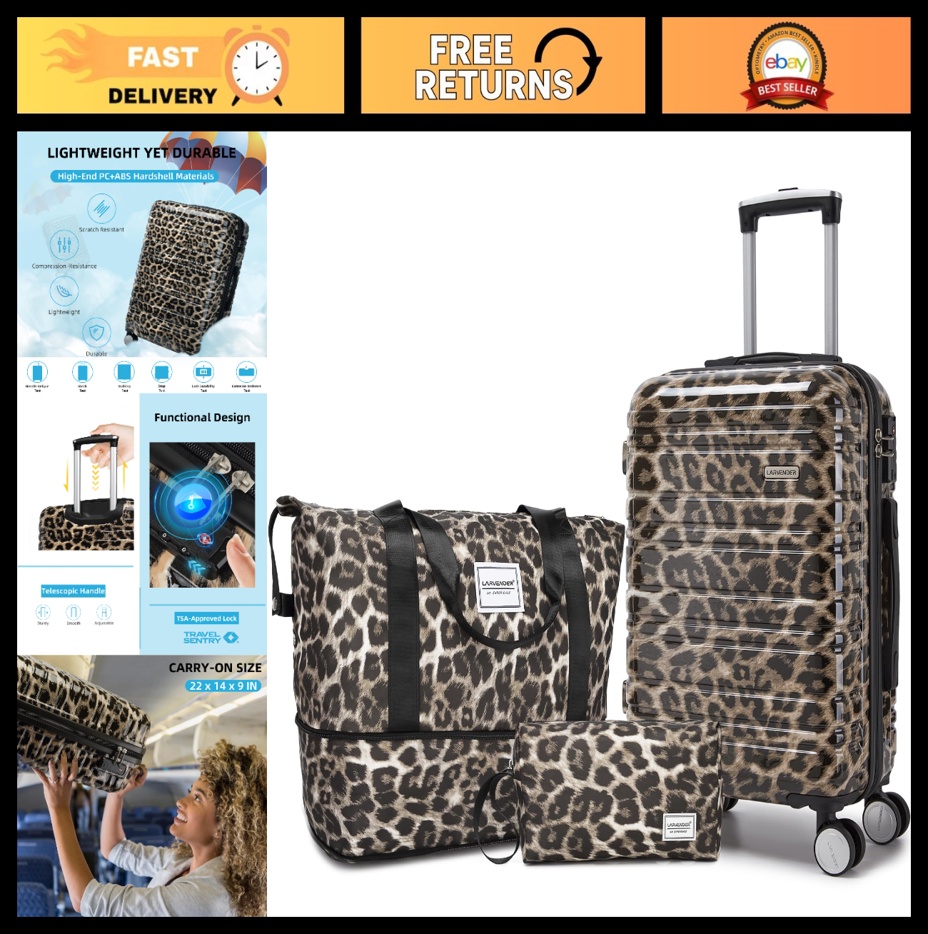 3-Piece Carry-On Luggage Set, 20" Hardshell Suitcase with Wheels, Lightweight Du0