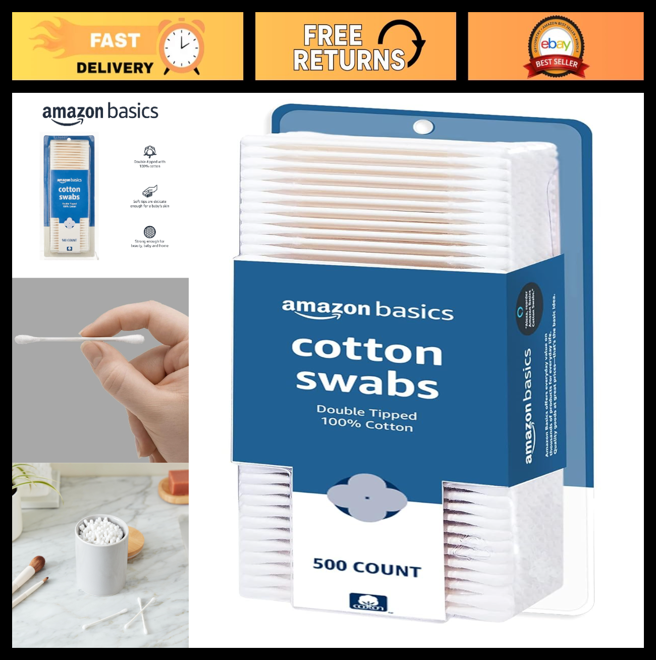 Double Tipped Cotton Swabs for Personal Hygiene & Baby Care   500 Count, Versati0