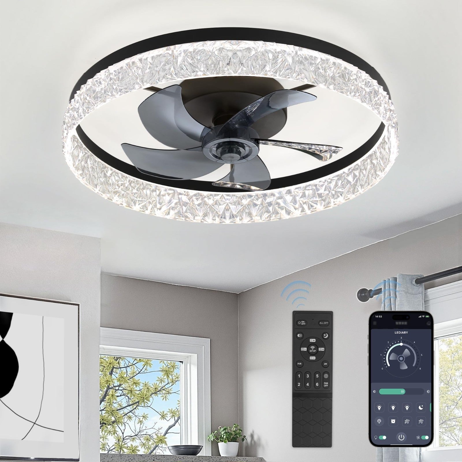 22" LED Ceiling Fan with Lights & Remote   Dimmable, 6 Speeds, Flush Mount, Time1