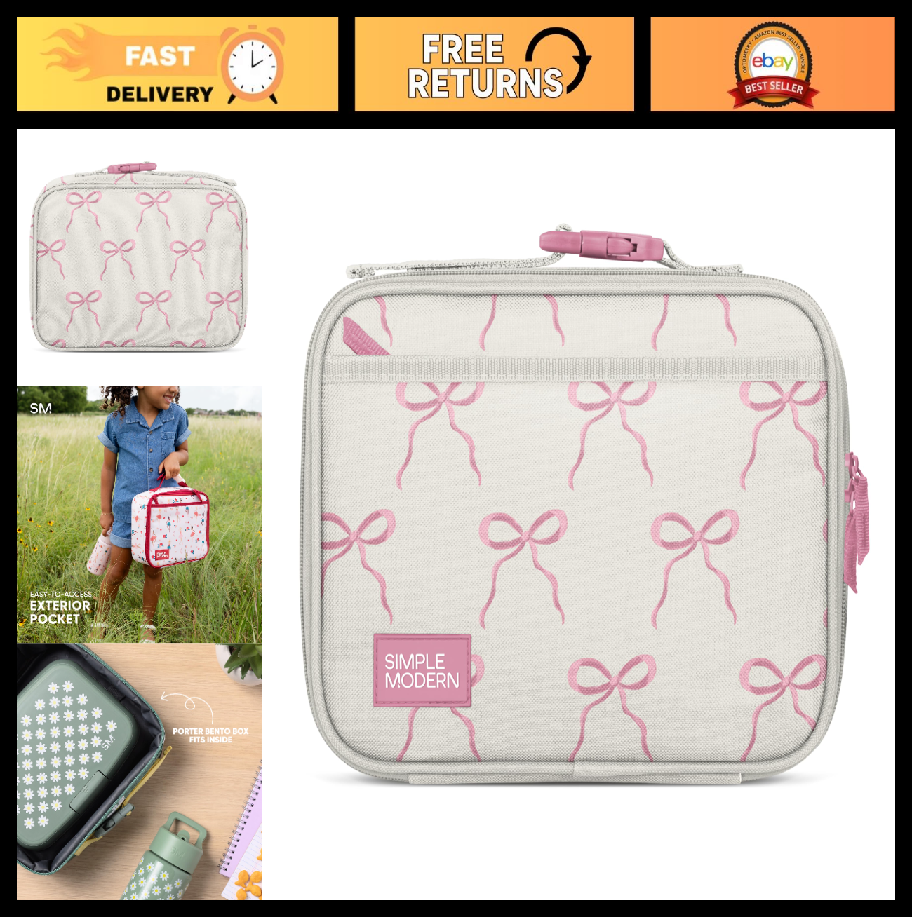 Insulated Kids Lunch Box & Bag Set for School | Cute Bows Design | Fits Bento Co0