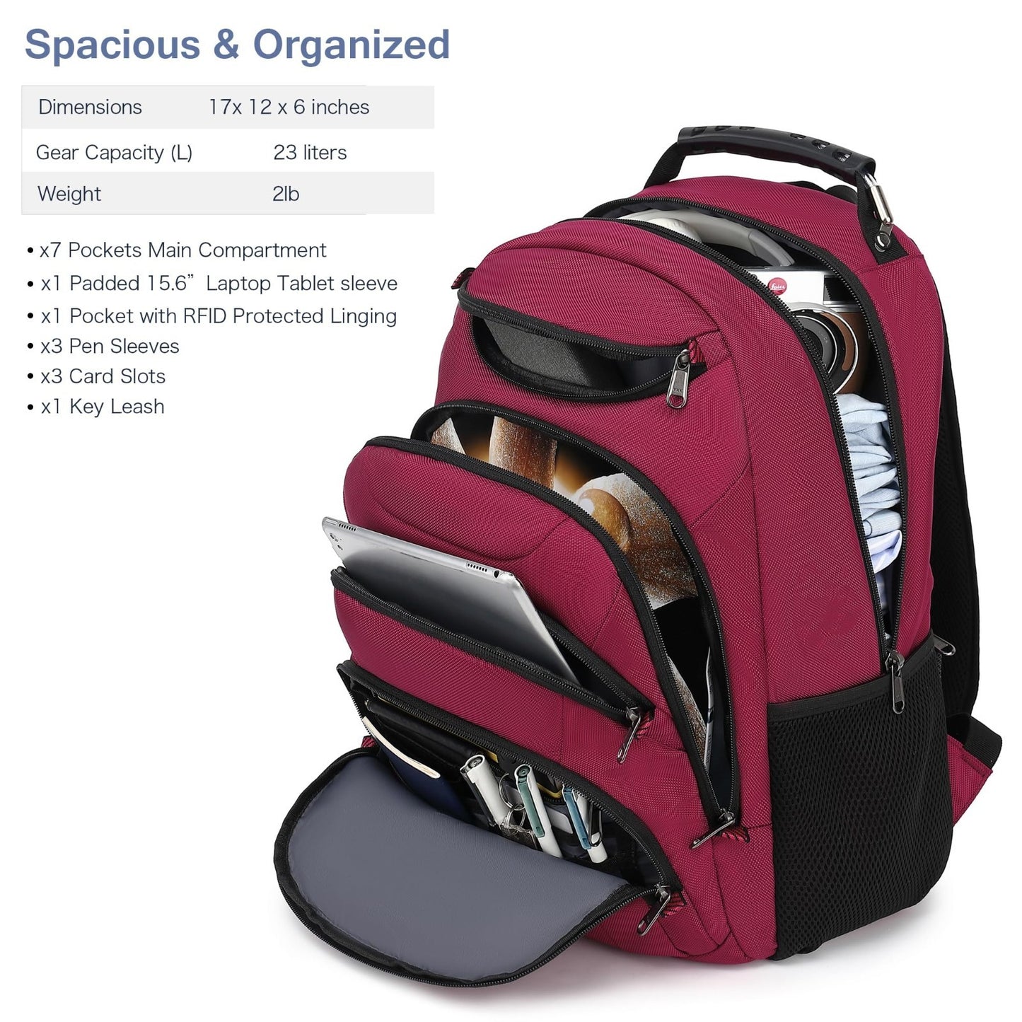 Waterproof 15.6" Laptop Backpack with USB Port, Anti Theft Travel Bag, Red2