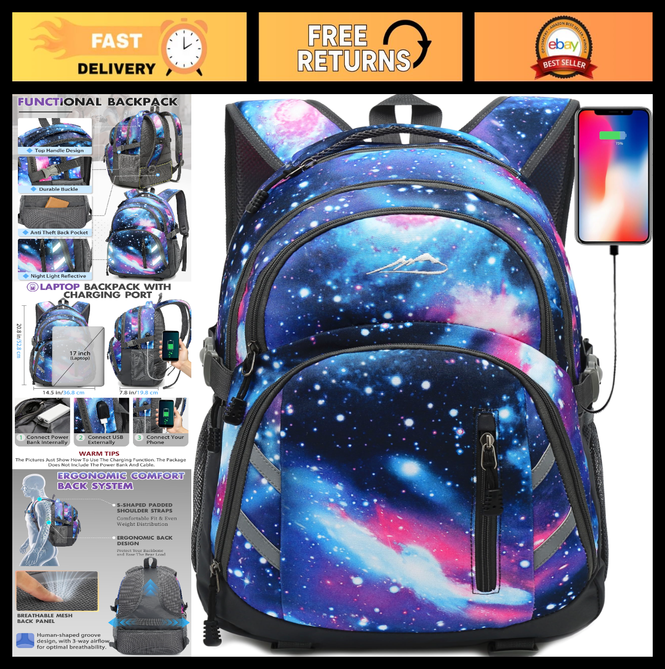 Extra Large Laptop Backpack for College Travel, USB Charging, Anti Theft, Fits 10