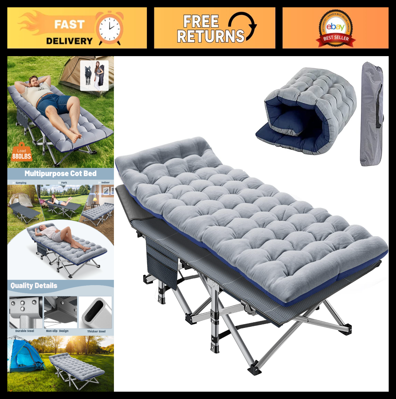 Folding Camping Cot for Adults, 28" Wide Padded Bed, 880 lbs Capacity, Carry Bag0
