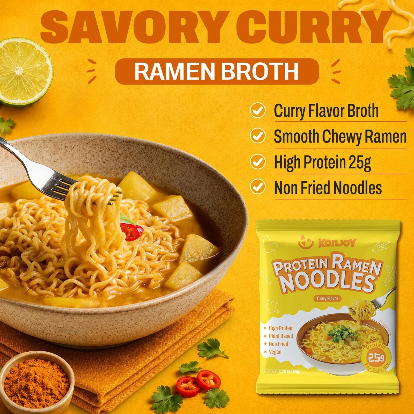High Protein Vegan Ramen Noodles - Curry Flavor, 10 Pack, Low Fat, Quick Meal3