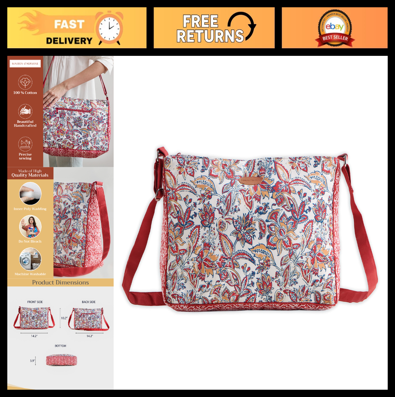 Stylish Women's Cotton Shoulder Hand Bag   Chic Tote for Everyday Use0