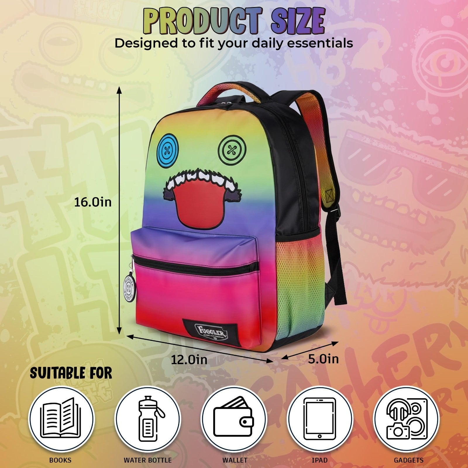 Fuggler Big Face Oogah Boogah Backpack, Rainbow Gradient, 16" Kids Bag, 3 Pocket2