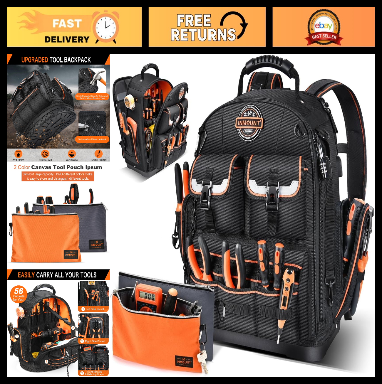 Heavy Duty Tool Backpack with 2 Small Bags, Molded Base, Laptop Compartment, Wat0