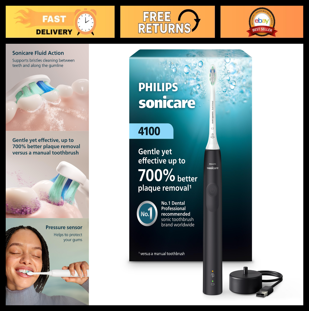 Rechargeable Electric Toothbrush, 700% Plaque Removal, Pressure Sensor, 2 Brush0
