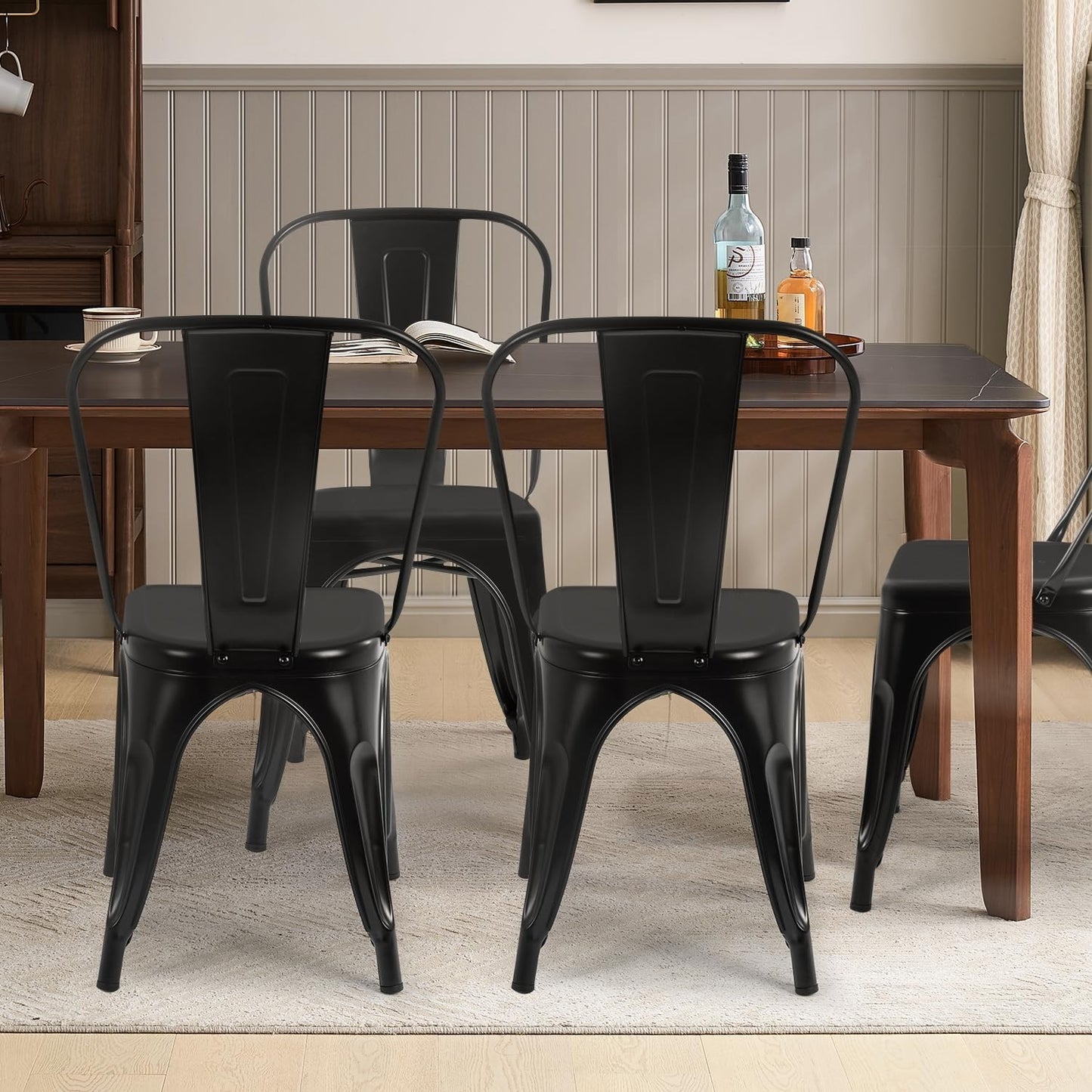 Set of 4 Metal Dining Chairs   Black, Stackable Tolix Style, 330lbs Capacity, In2