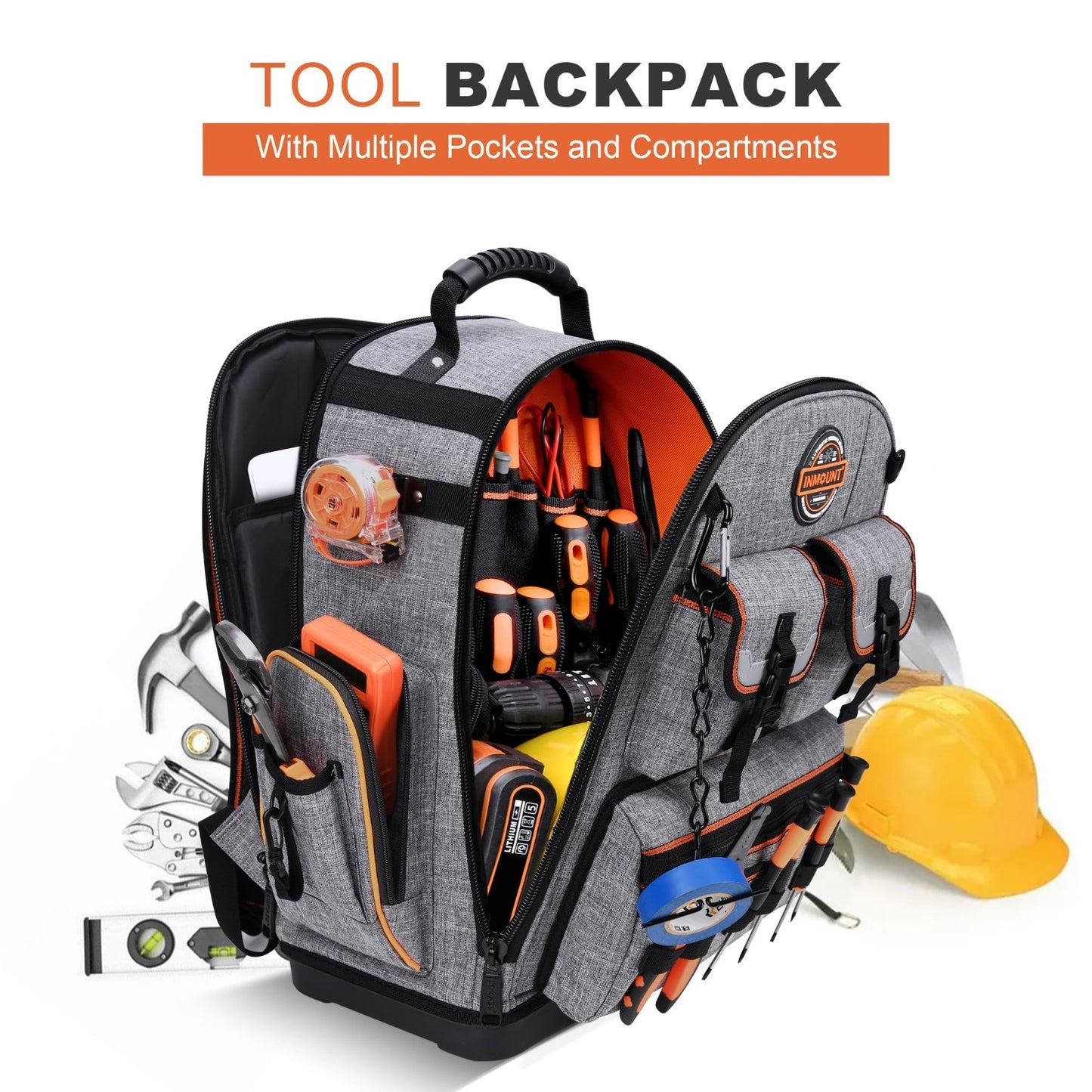 Heavy Duty Tool Backpack 18.5"   56 Pockets, Molded Bottom, Gray Storage Bag8