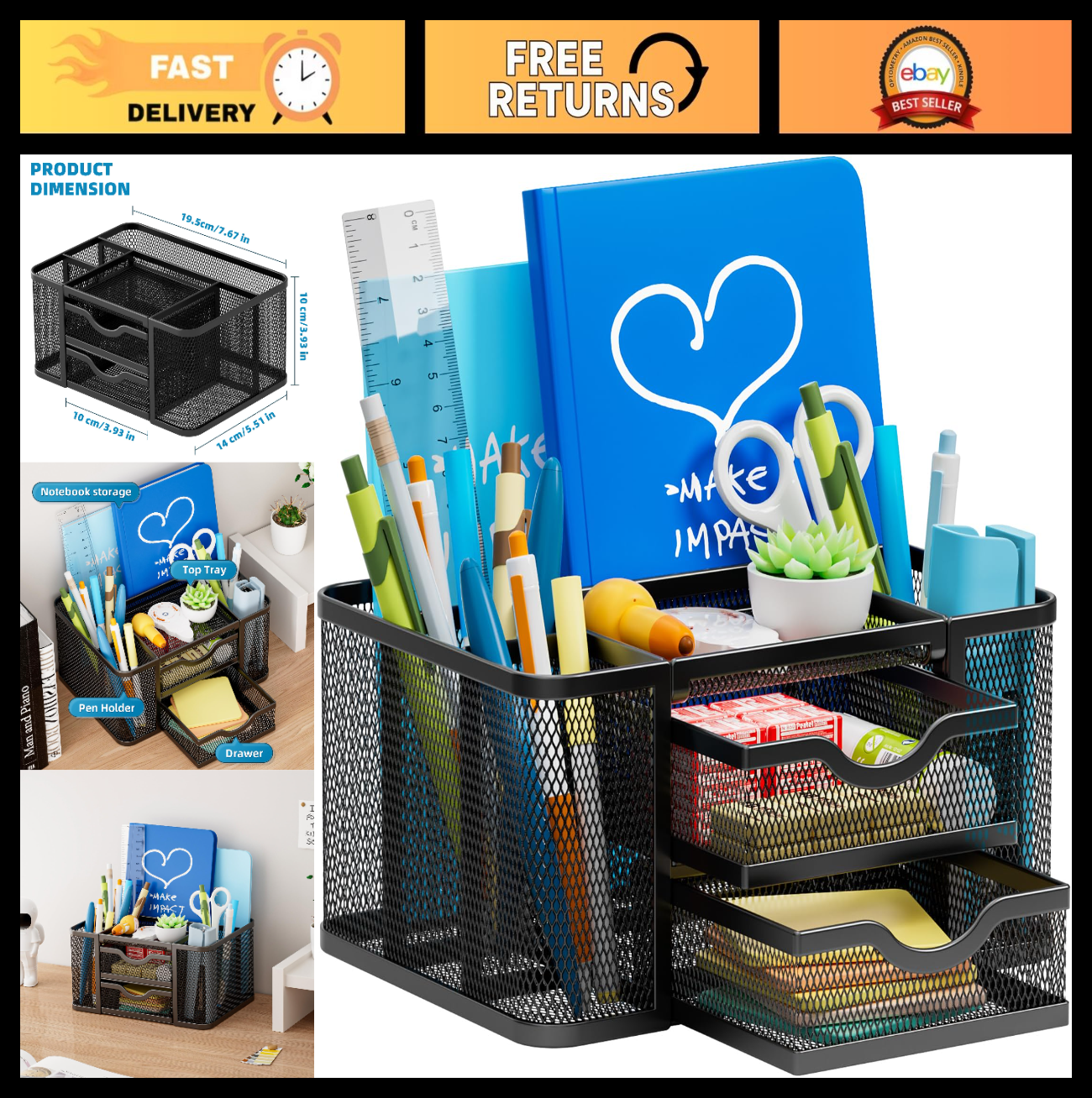 Multi Functional Mesh Desk Organizer with 2 Drawers, 5 Compartments, Black Penci0
