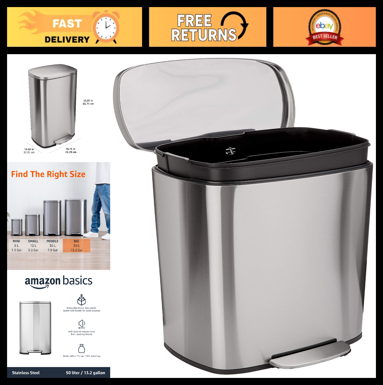 Large 13.2 Gallon Trash Can - Smudge Resistant, Soft-Close Lid, Step Pedal, Remo0