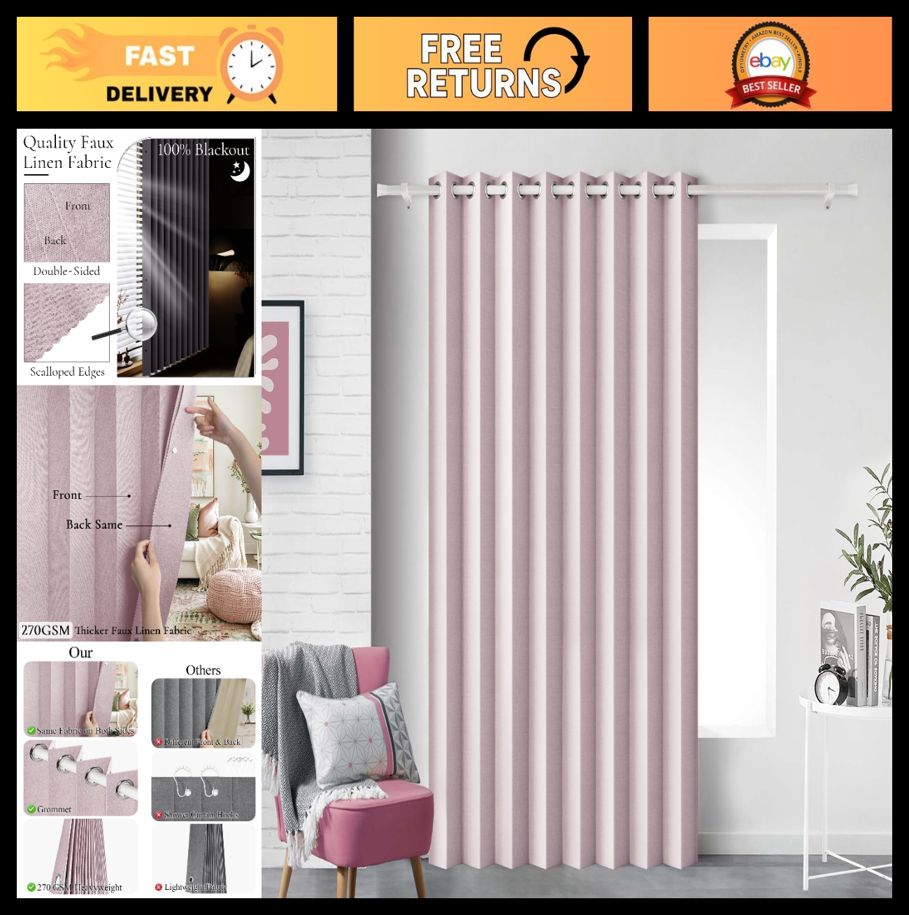 Accordion Style Magnetic Closure Curtain   Pinch Pleated Room Divider, W60 x L800