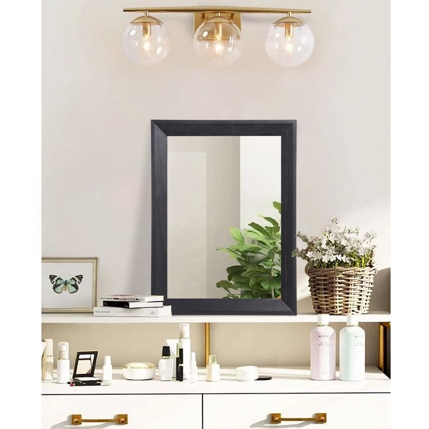 Black Wood Framed Rectangle Wall Mirror - Decorative Hanging Mirror for Bedroom,3