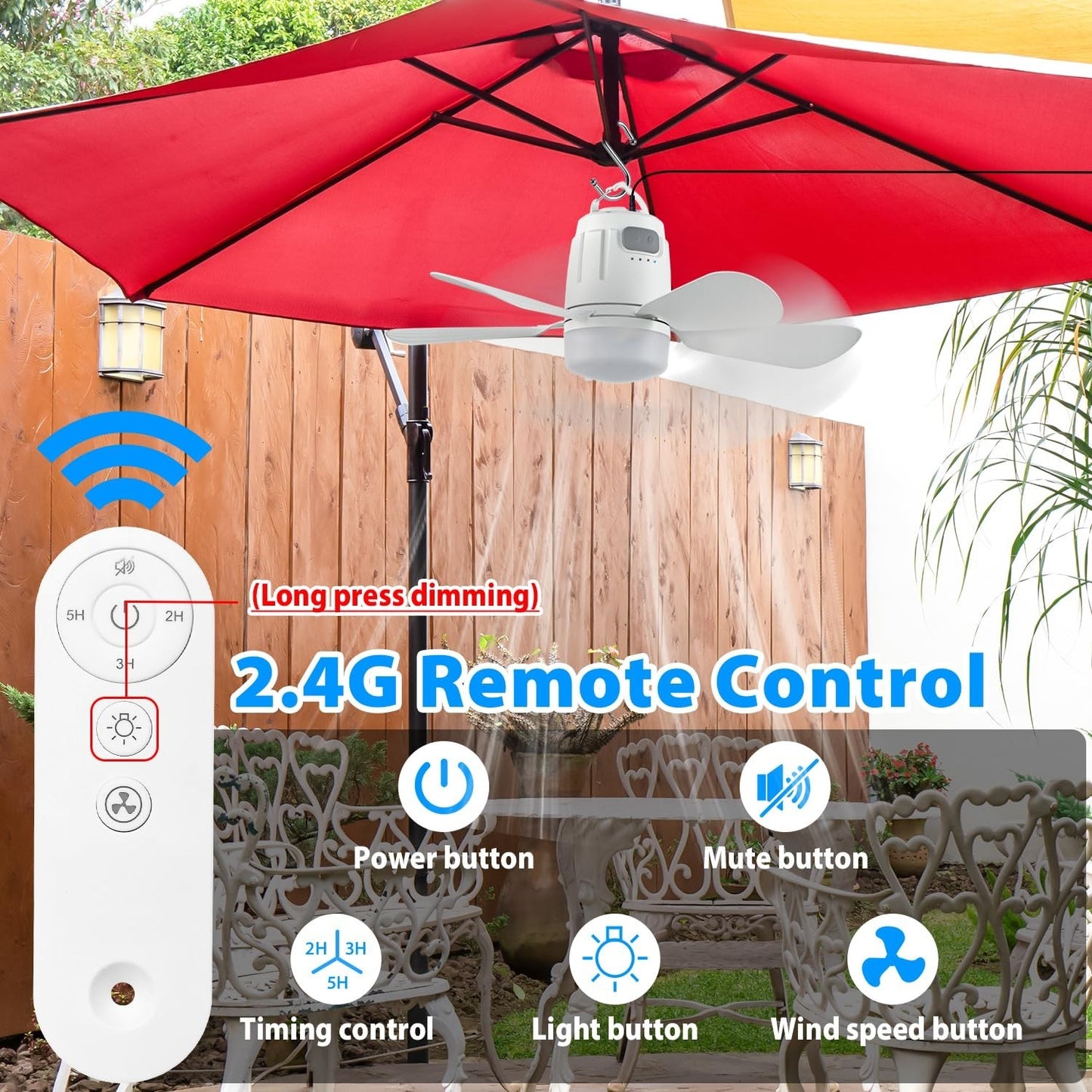Outdoor Hanging Gazebo Fan with Light, 16.5ft Cord, Remote, Portable for Patio,2