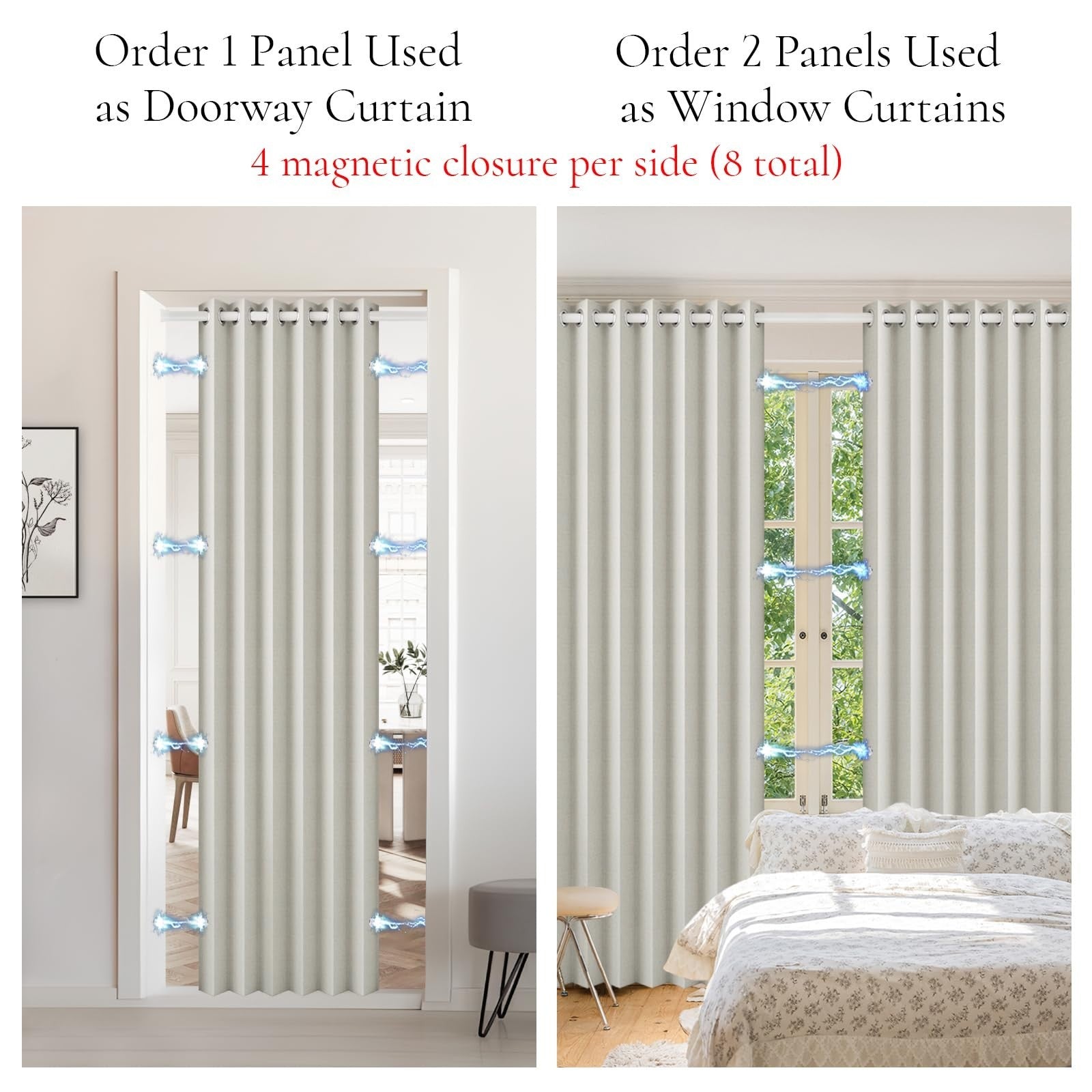 Magnetic Closure Pleated Blackout Curtain Panel, Grommet Door/Window, W60 x L808