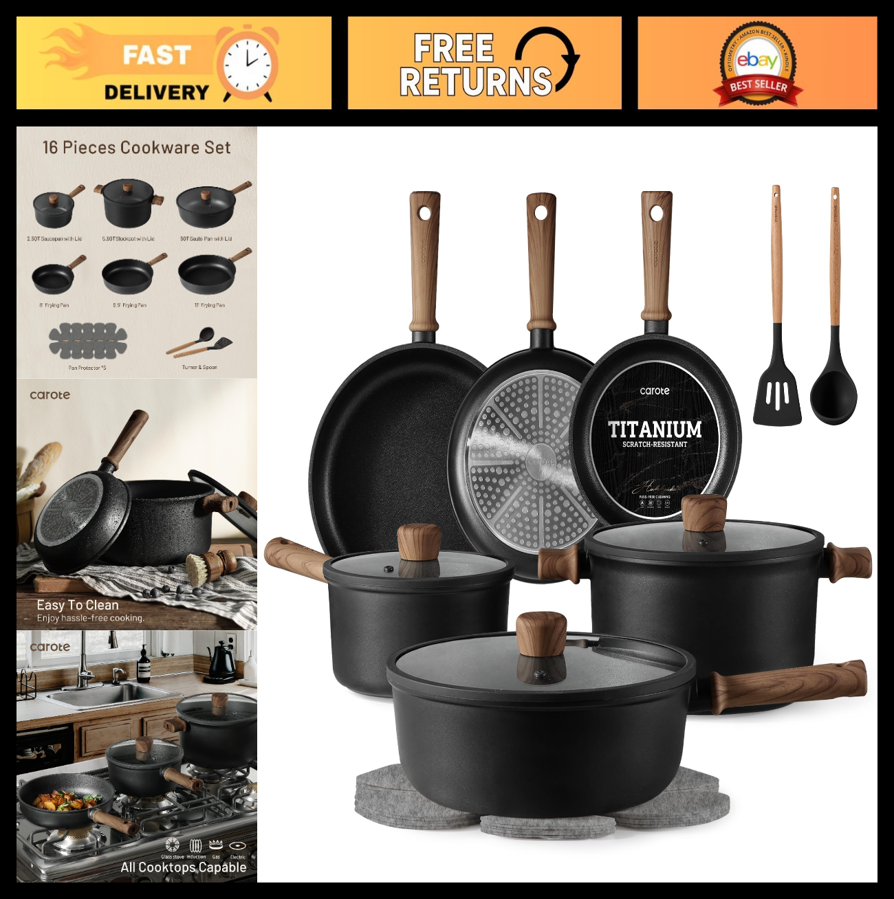 16pcs Nonstick Cookware Set   Scratch Resistant, Easy to Clean, Induction Compat0