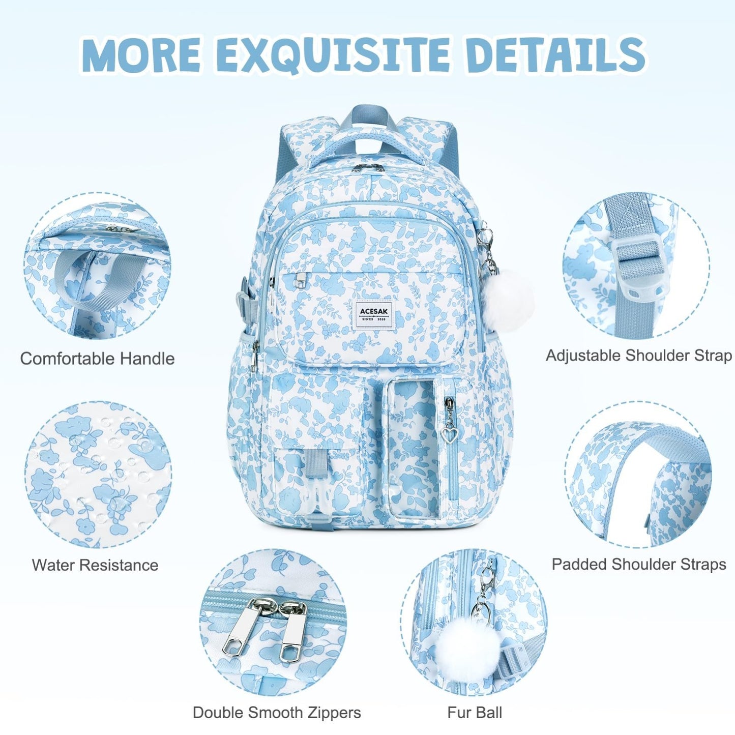Stylish Girls Backpack with Lunch Bag & Pencil Pouch   Teen Laptop Bookbag, Blue4