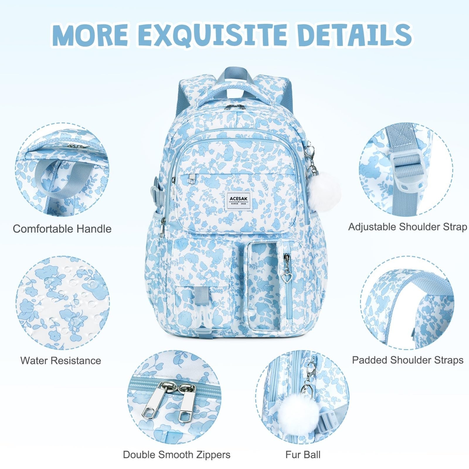 Stylish Girls Backpack with Lunch Bag & Pencil Pouch   Teen Laptop Bookbag, Blue4