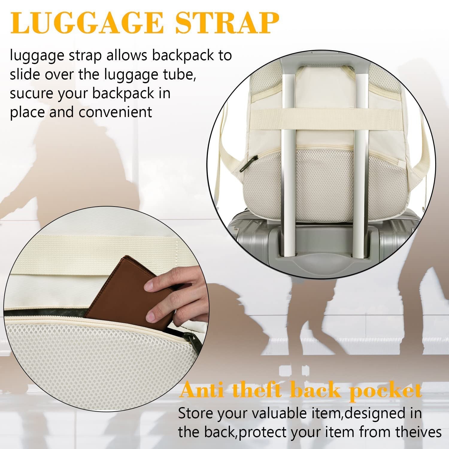 Beige Women's Slim Backpack for Work & Travel, 15.6" Laptop Bag, Stylish & Funct3