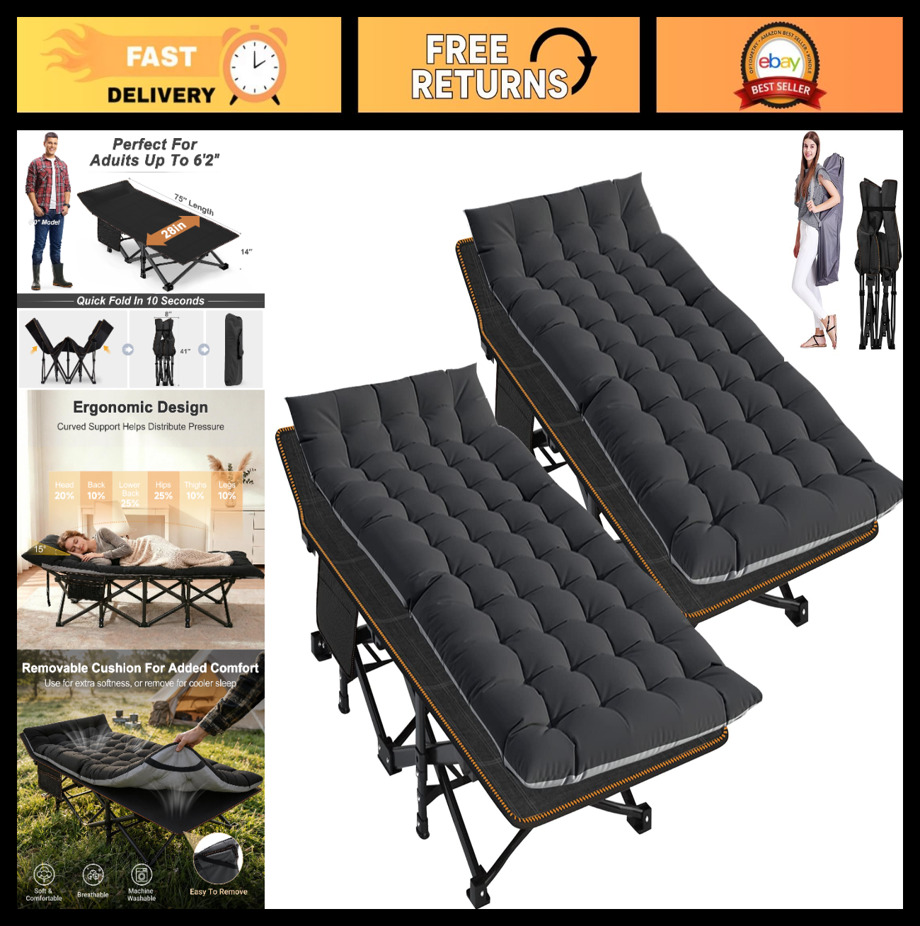 Folding Camping Cot for Adults   28" Wide, Heavy Duty Steel Frame, 800 lbs Capac0