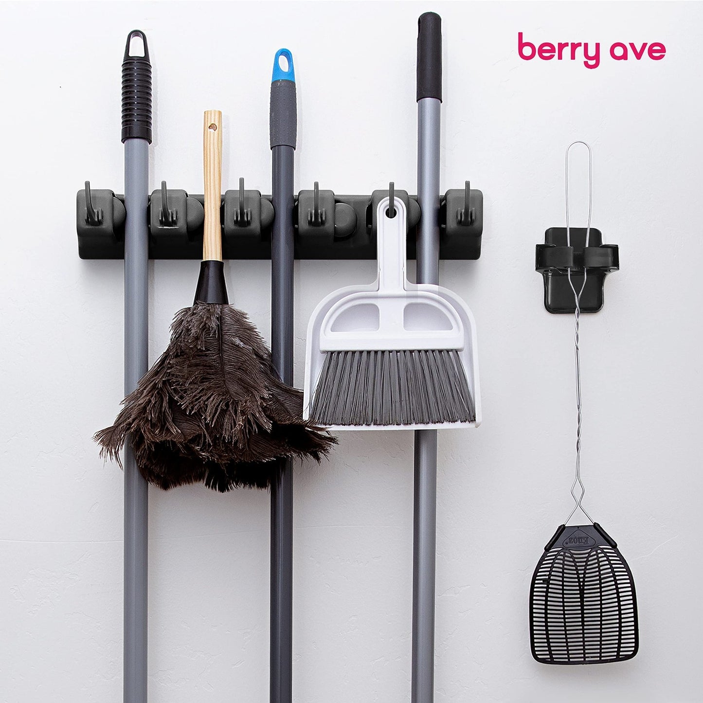 5 Slot Broom Holder & Mop Gripper - Wall Mount Tool Organizer, No-Drill, Anti-Sl1
